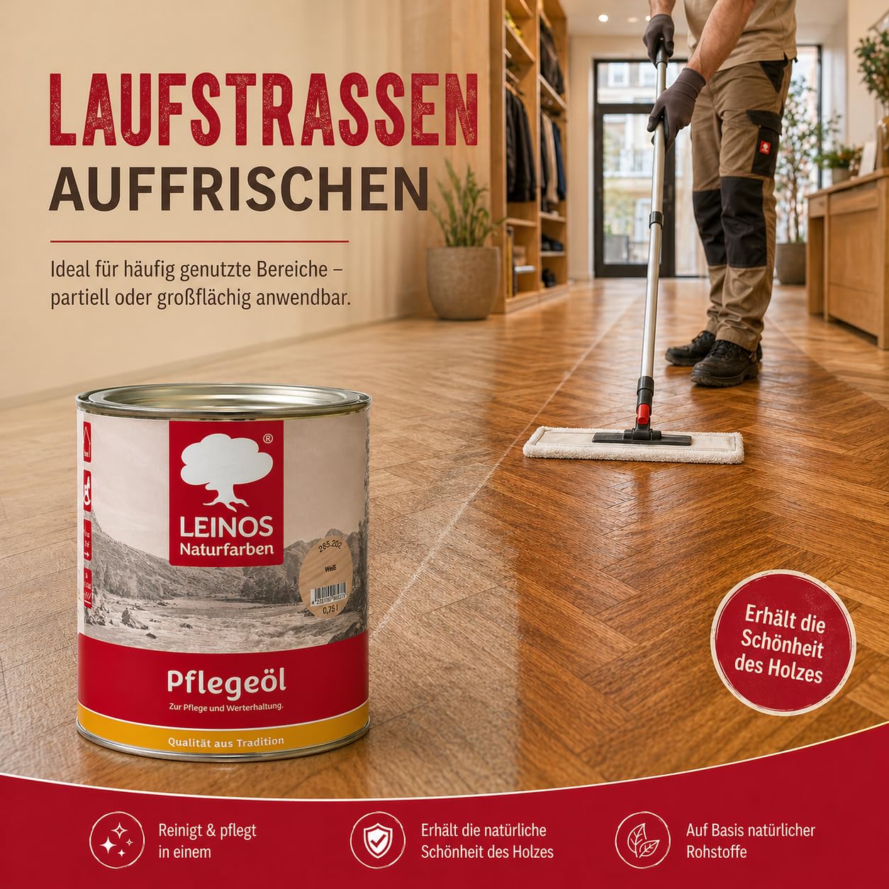 LEINOS 285 Pflegeöl weiß 2,5 Liter für Holz, Parkett, Kork und Linoleum | Pflege, Reinigung und Auffrischung geölter und gewachster Flächen im Innenbereich | Natürlich ökologisch natürliche Optik
