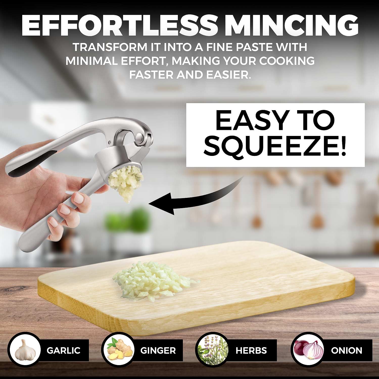 Premium Garlic Press Set - Stainless Steel Mincer Crusher Grater Tool with Silicone Peeler and Brush - Dishwasher Safe Metal Presser Grinder Smasher Masher Squeezer Shredder for Ginger, Butter, Herb