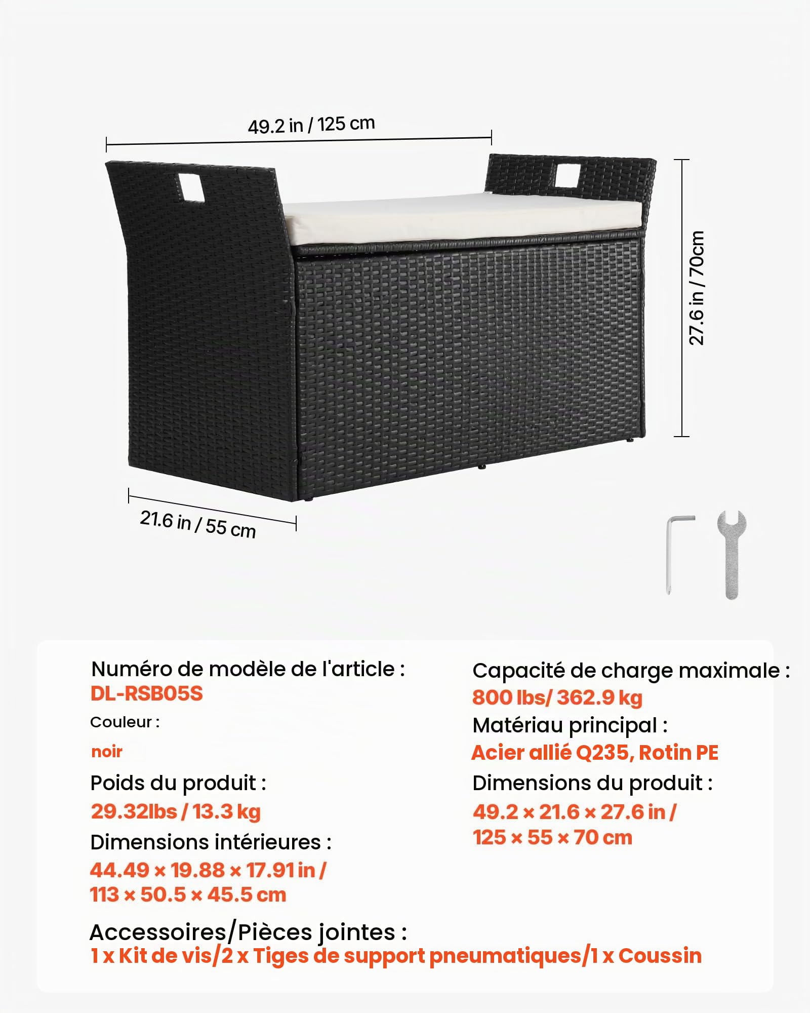 VEVOR Banc de Rangement Extérieur en Rotin Synthétique Coffre de Jardin 340 L Banc de Terrasse avec Coussin, Capacité Charge 362,9 kg, Poignée Latérale, Siège d'Extérieur pour Patio, Jardin, Balcon