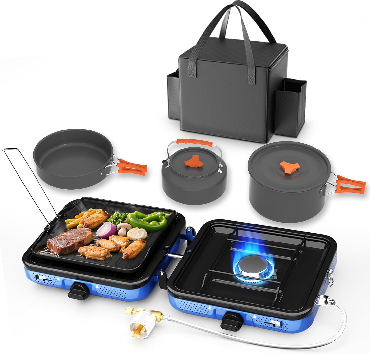 Portable 2 Burner Camping Stove Set – 20,000 BTU Dual Fuel Gas Stove for Propane & Butane, with Griddle, Frying Pan, Kettle, Pot, Lid & Carry Bag – Tailgating & Camping Outdoor Cooking Kit (Navy Blue)
