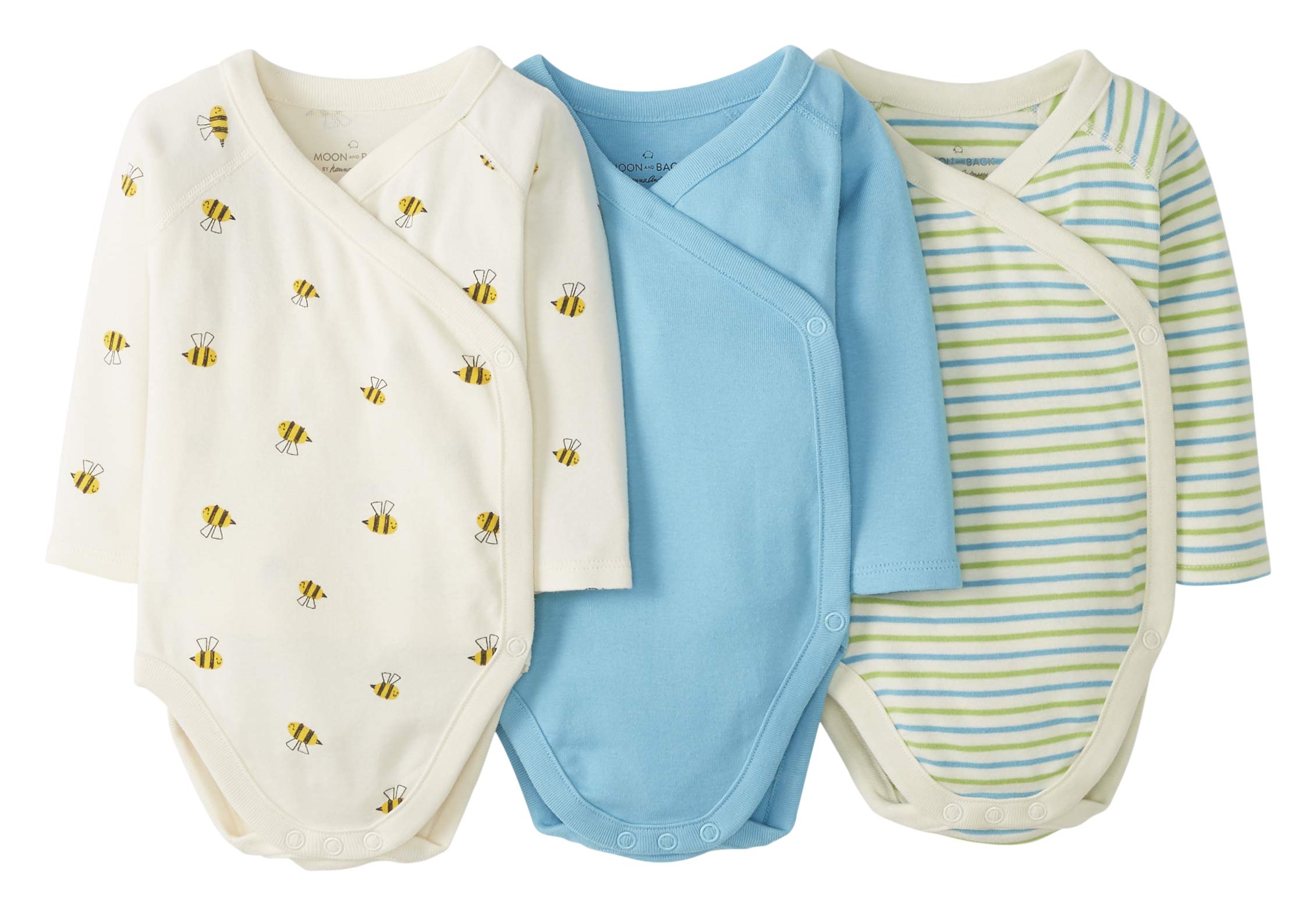 Moon and Back by Hanna AnderssonUnisex Babies' Long-Sleeve Side Snap Bodysuit, Pack of 3, Turquoise Blue/White, 3 Months
