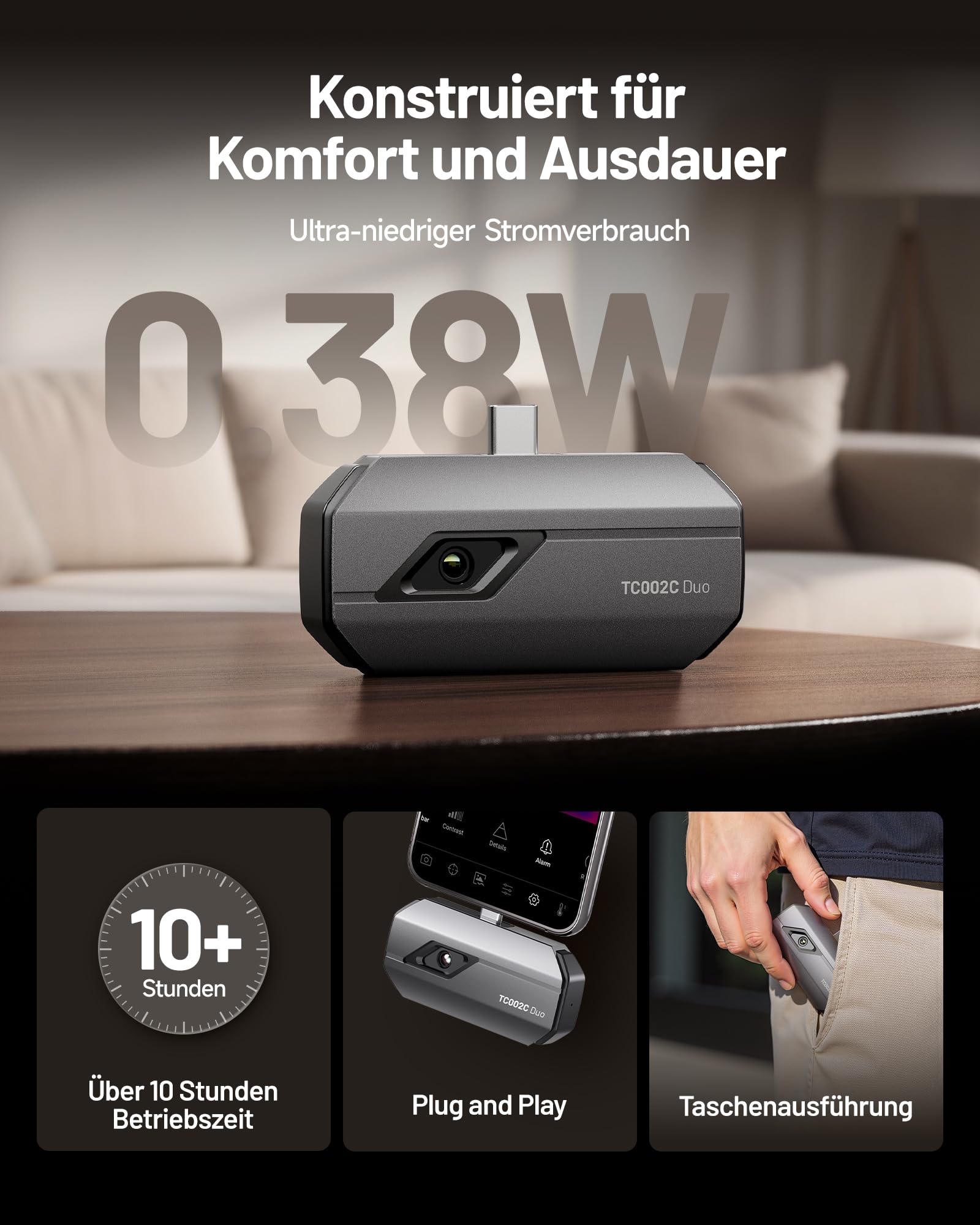 TOPDON Wärmebildkamera TC002C Duo für iPhone/Android, 512x384 Superauflösung 256x192 IR-Auflösung, -20°C bis 550°C Temperaturbereich, 25Hz, 40mK,Thermal Camera für HVAC-/Leckagen-/Gebäudeinspektionen