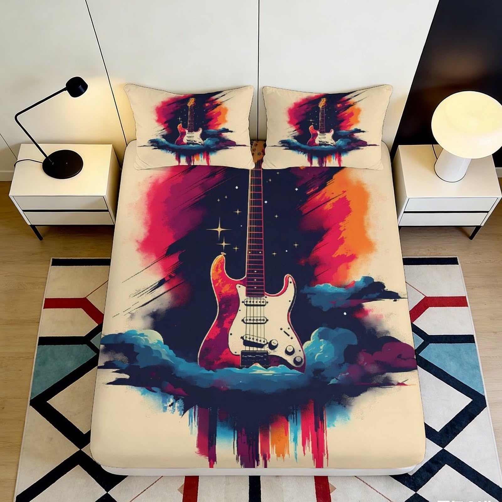 3D Printed Guitar Art Fitted Sheet Microfiber Deep Pocket Bedroom Bedding Guitar Mattress Fitted Cover Non-Slip Elastic Hem for Adults Teens 120x200x25cm