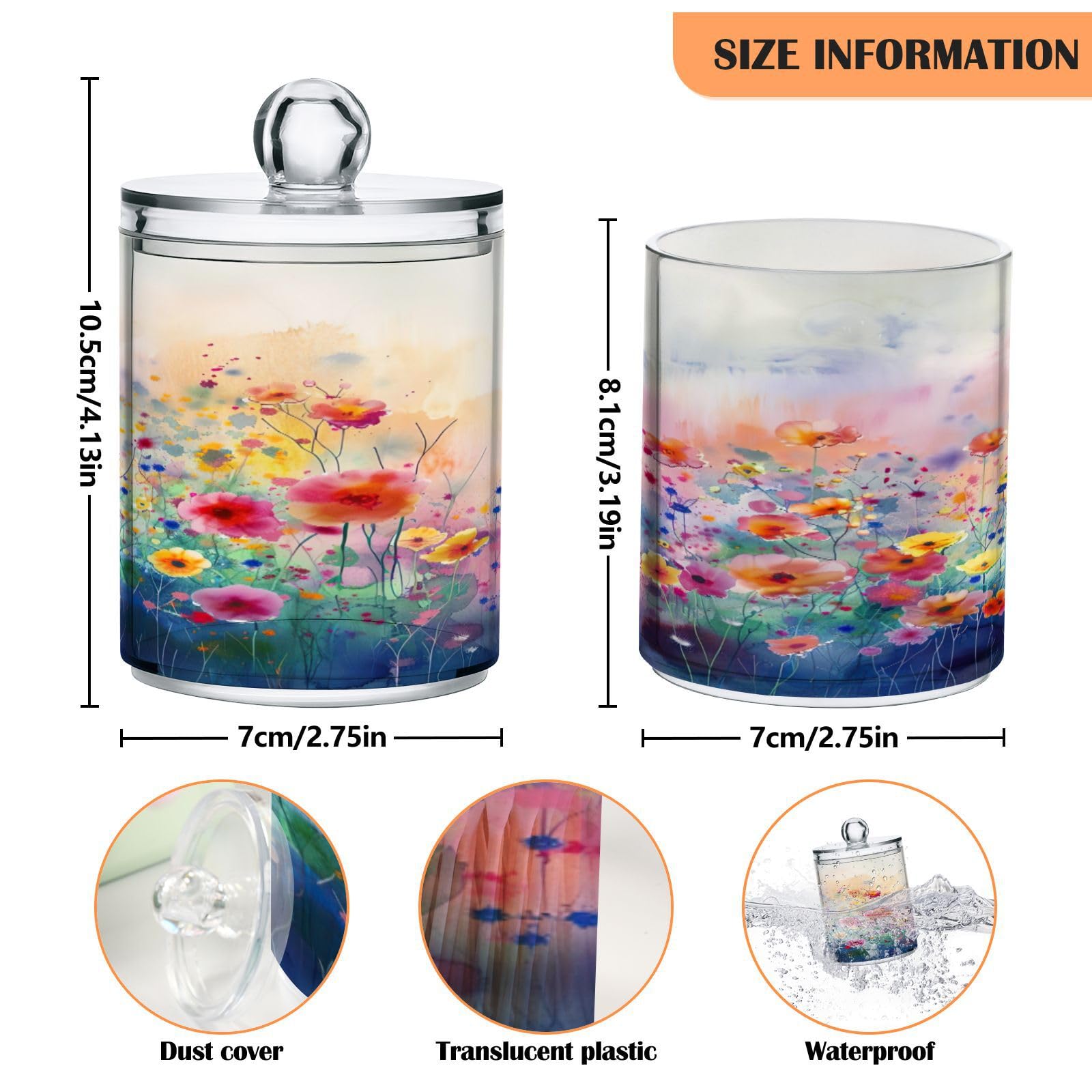 KEEPREAL Colorful Flowers Painting Qtip Holder Dispenser with Lids, 2PCS Plastic Food Storage Canisters, Apothecary Jar Containers for Vanity Organizer Storage #557