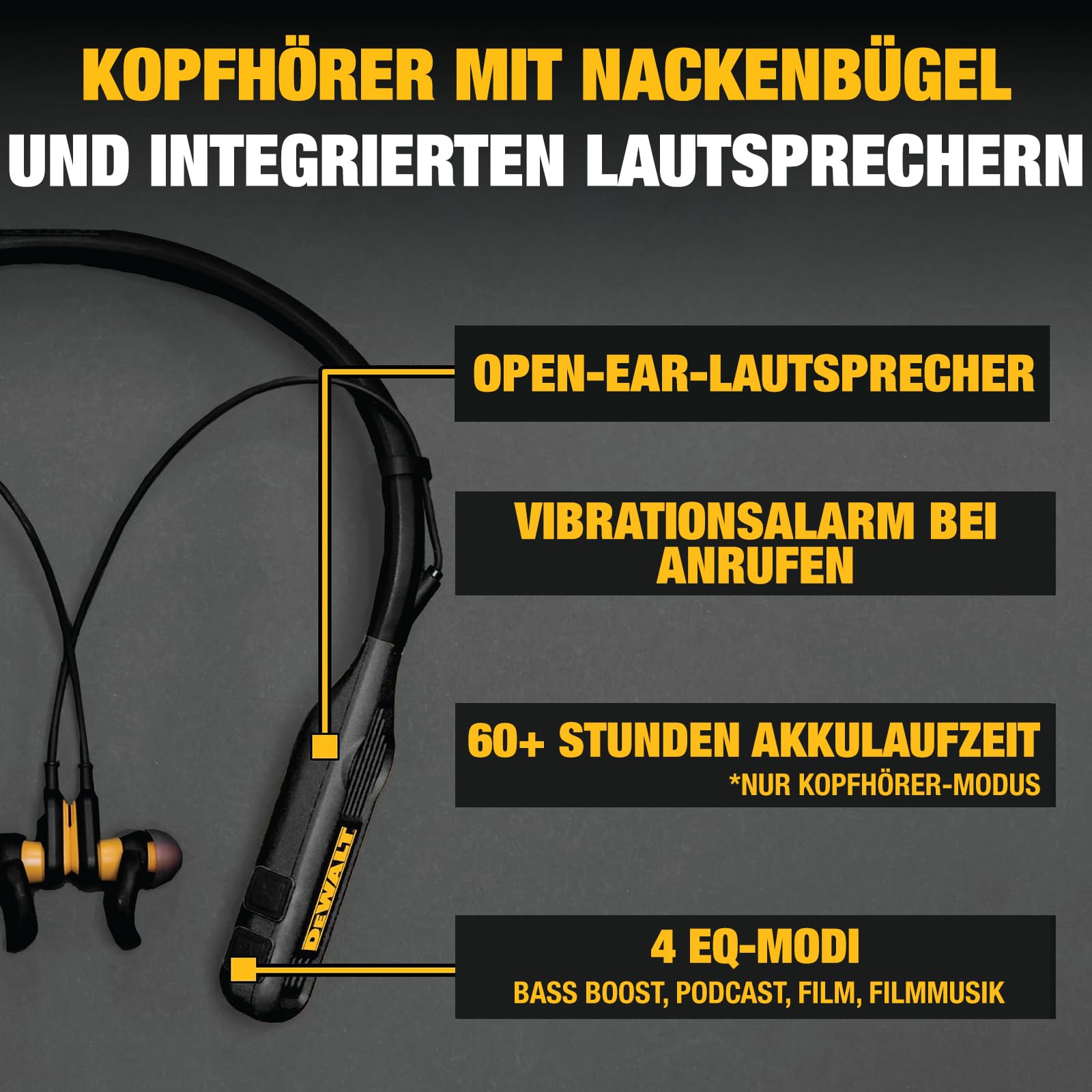 DEWALT Heavy Duty Black Edition 2-in-1 Bluetooth Nackenbügel-Kopfhörer mit Lautsprecher, kabelloses Headset für Baustelle, 60+ Std. Laufzeit, IP56, Freisprechen, inkl. Tragetasche