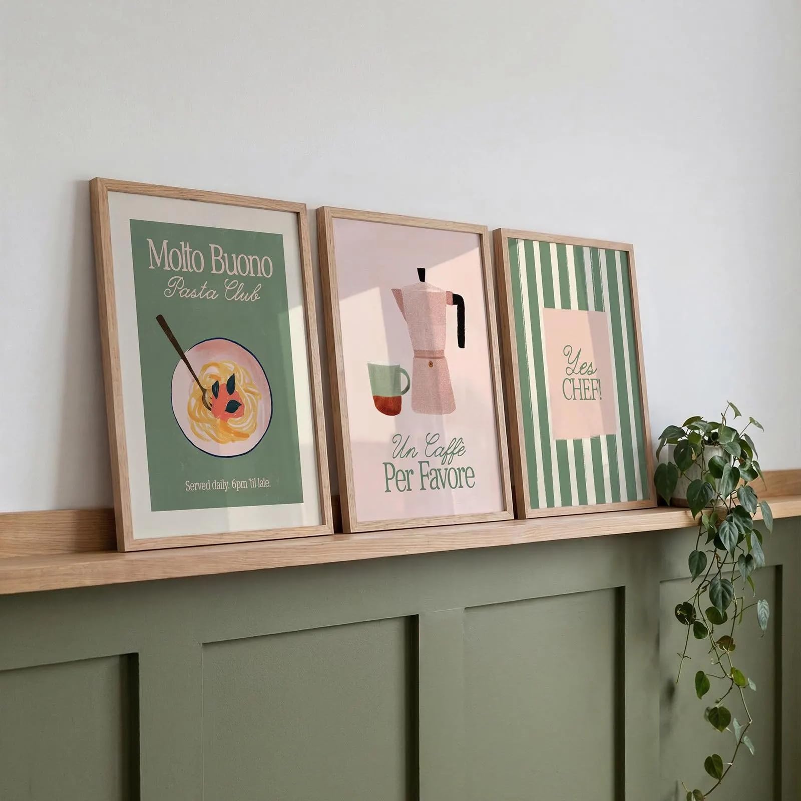 JORCEDI Kitchen Poster Set of 3, Retro Canvas Wall Art Pasta Coffee Typography, Green Pink Dining Room Decor, 21x30-50x70cm, Unframed (50x70 cm,A)