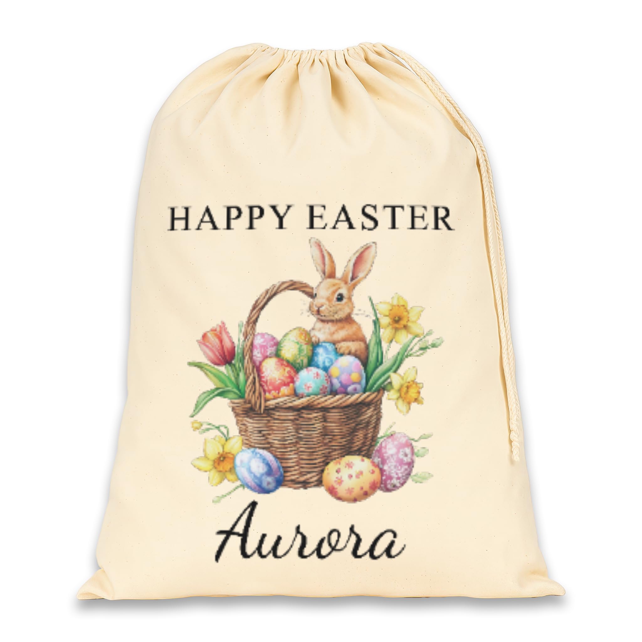 Personalised Easter Sack - Custom Name Cotton Easter Gift Bag - Easter Bunny & Basket Treat Bag - Easter Egg Hunt Bag (Bunny & Basket (Black))