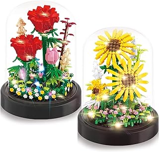 Sunflowers - Rose 2 Bonsai Flowers Building Kit Compatible with Lego, Creative & Romantic Plant Flower Bouquet Building Blocks Model with LED Light Home Office Botanical Collection Decoration