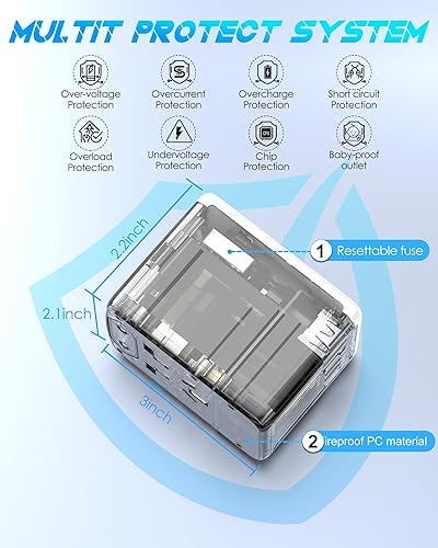 Miniatura 6 de URJD El adaptador de viaje universal ofrece puertos USB-C de 5.8 A, 3 x 3.0 A, 2 puertos USB-A de 2.4 A y múltiples salidas de CA, adaptador de