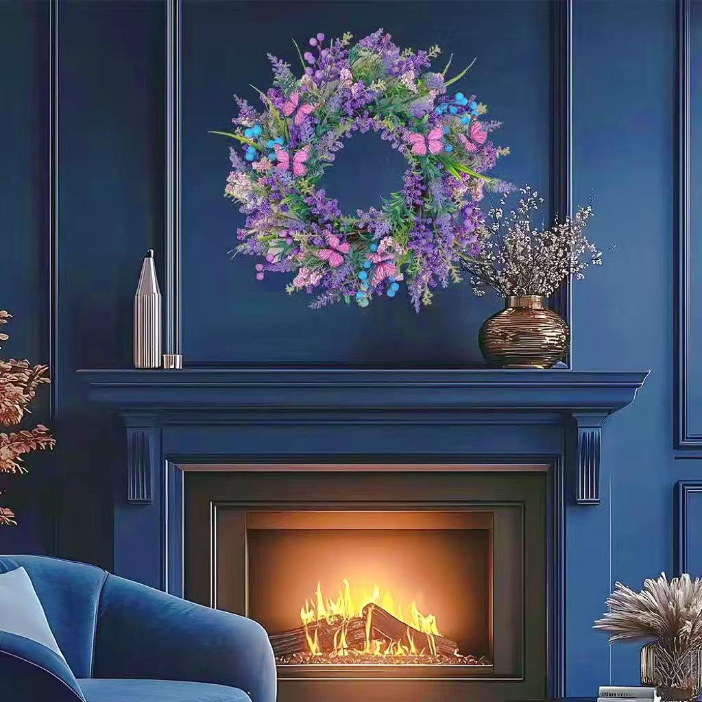 18in Lavender Wreath Butterfly Berry Front Door Porch Wall Decor