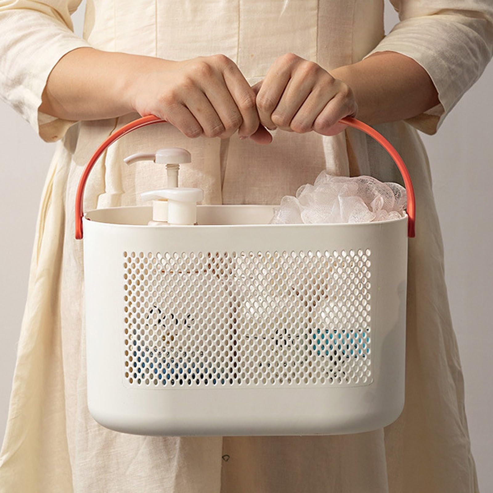 Cesta de ducha portátil con agujeros de drenaje y asas prácticas para almacenamiento en el baño