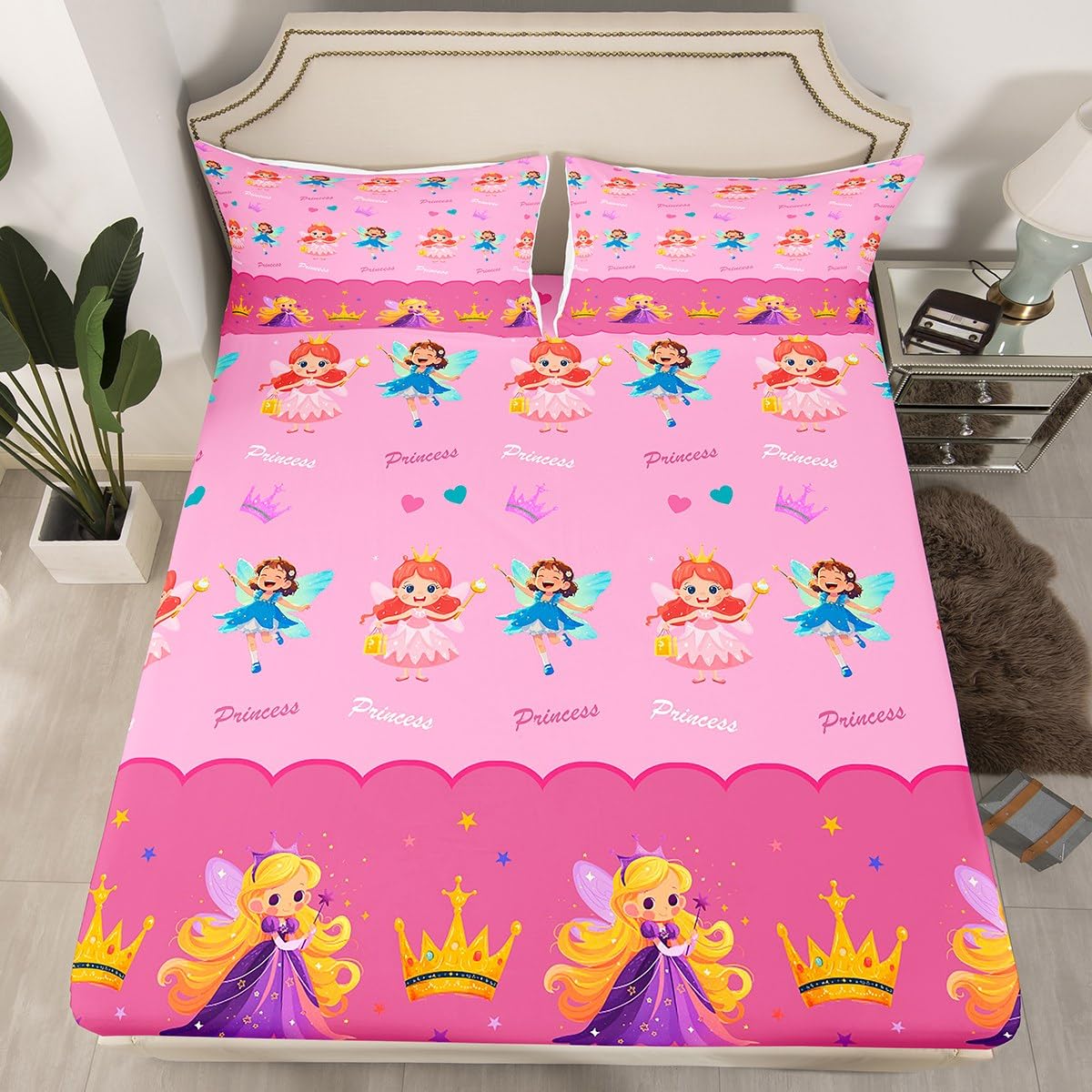 Manfei Fantasy Castle Bedding Set Full Size,Girly Fairy Tale Beauty Crown Fitted Sheet,Dreamy Princess Sheet Set for Kids Teens Adults Bedroom Decor,2 Pillowcases