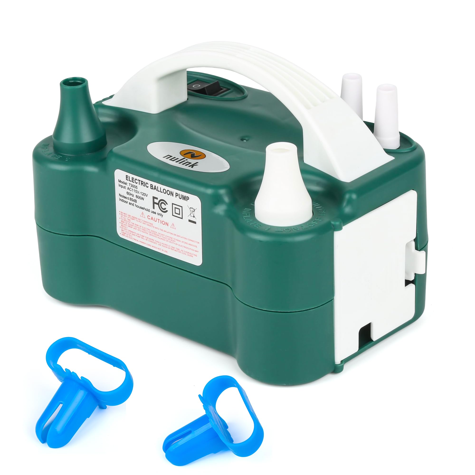 NuLink Balloon Pump Electric Portable Dual Nozzle Air Pump for Balloons Blower Pump Inflator for Decoration, Birthday Party [110V~120V, 600W, Dark Green]
