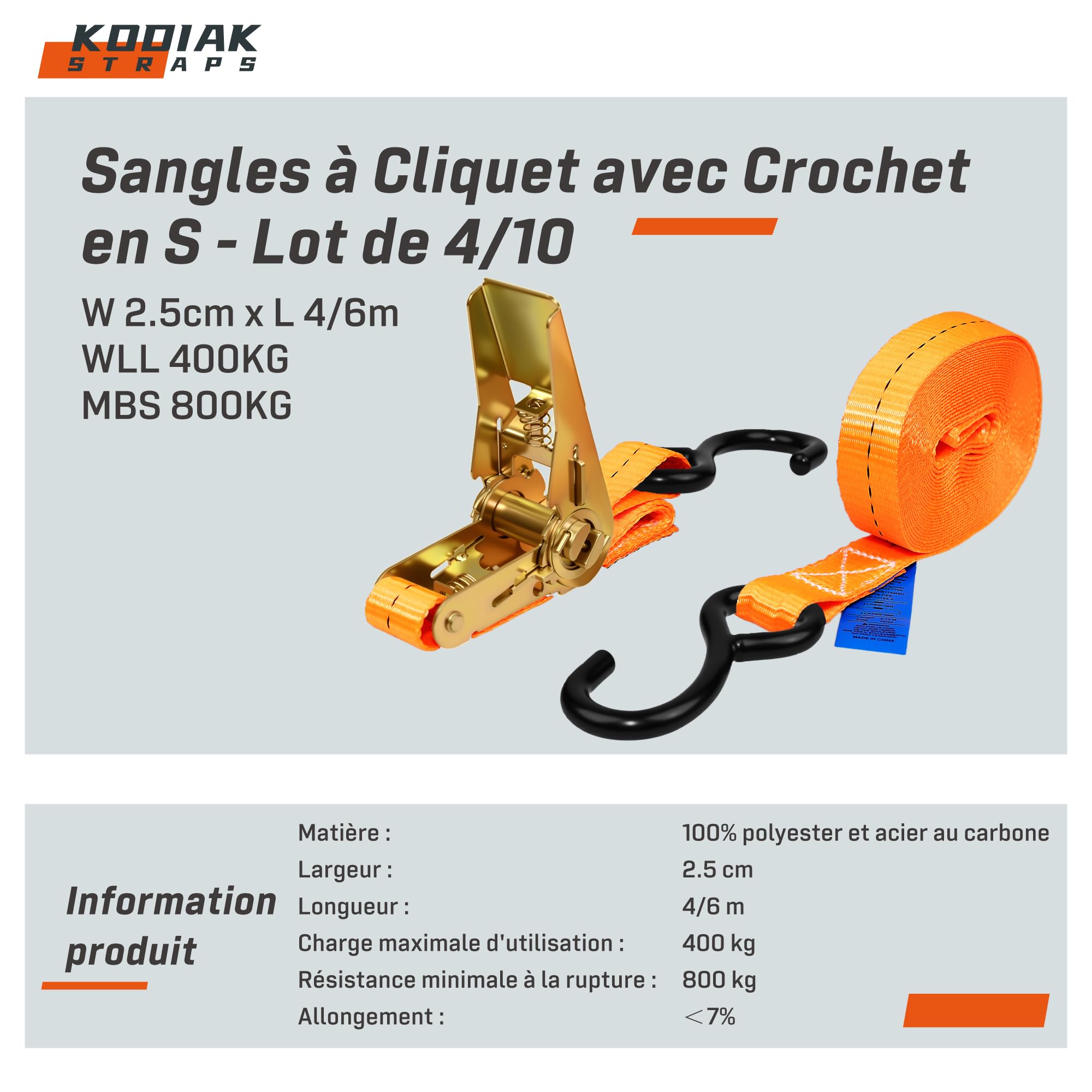 10 Lots de Sangles à Cliquet 6m x 800kg avec Crochets en S - Sangles d'Arrimage 25mm Orange pour Sécurisation de Chargement - Certifié TÜV/GS Selon la Norme DIN en 12195-2 - KODIAK STRAPS