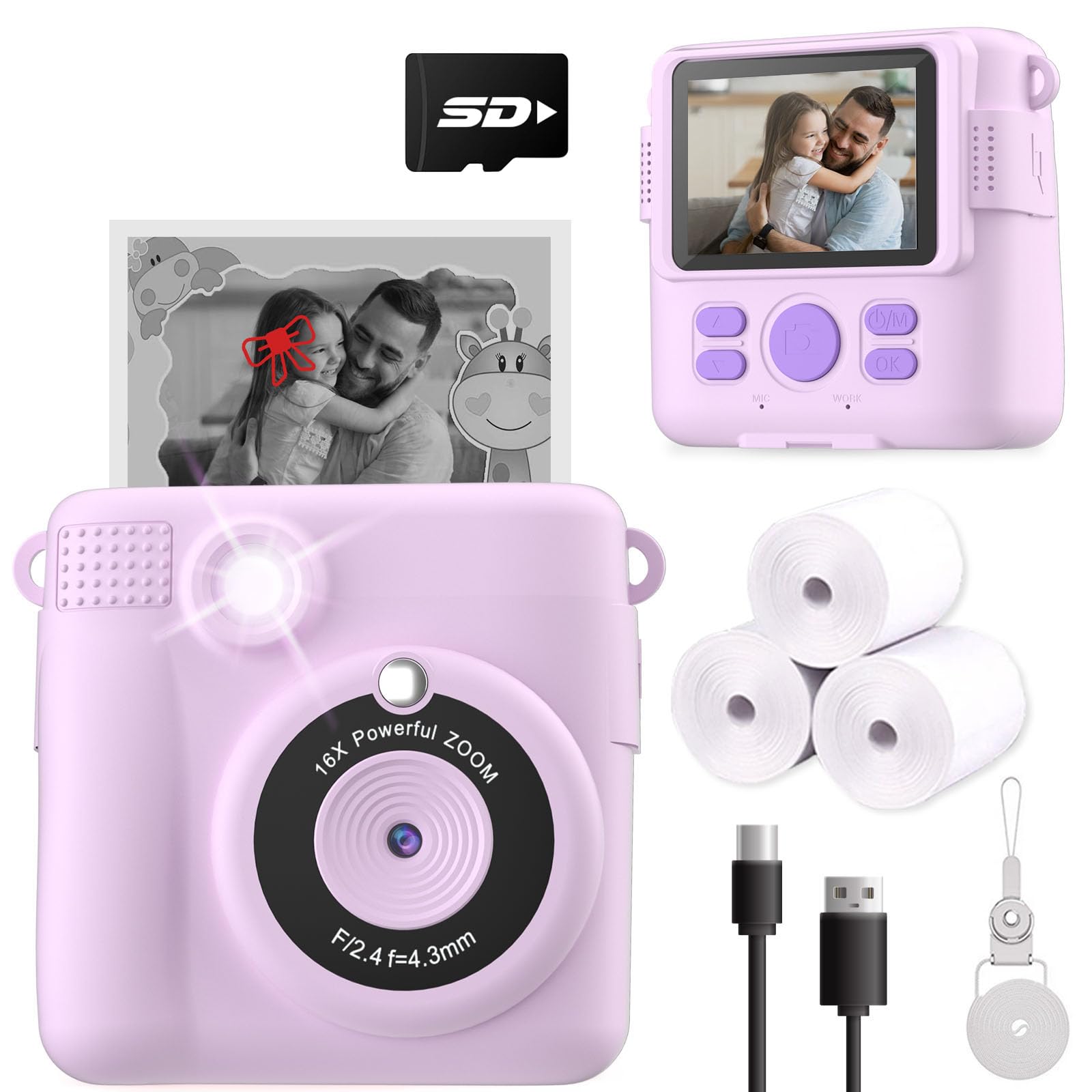 ESOXOFFORE Instant Print Camera for Kids, Christmas Birthday Gifts for Girls Boys Age 3-12,Kids Digital Cameras for Toddler, Portable Toy for 3 4 5 6 7 8 9 10 Year Old Girl -Purple