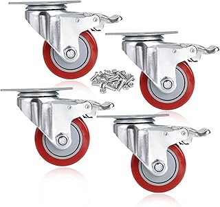 COOCHEER Casters, 3'' Heavy Duty Casters, Load 1200lbs, Lockable Bearing Caster Wheels with Brakes, 360-degree Top Plate Swivel Casters for Furniture and Workbench, Casters Set of 4, Red (Free Screws)