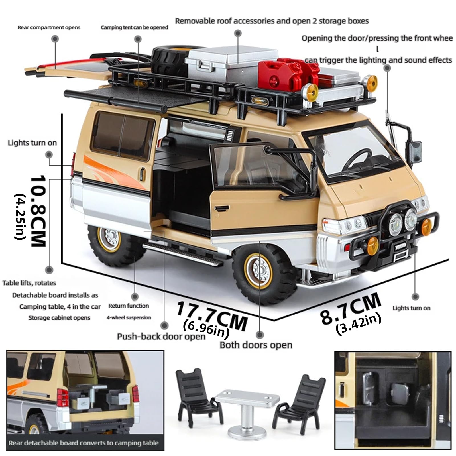 FOLODA 6 Türen öffnendes 1/24 Minivan Modellauto mit Federaufhängung, helles Licht, klare Soundeffekte, Lernspielzeug, Simulationsfahrzeug, Stoßdämpfungsspielzeug