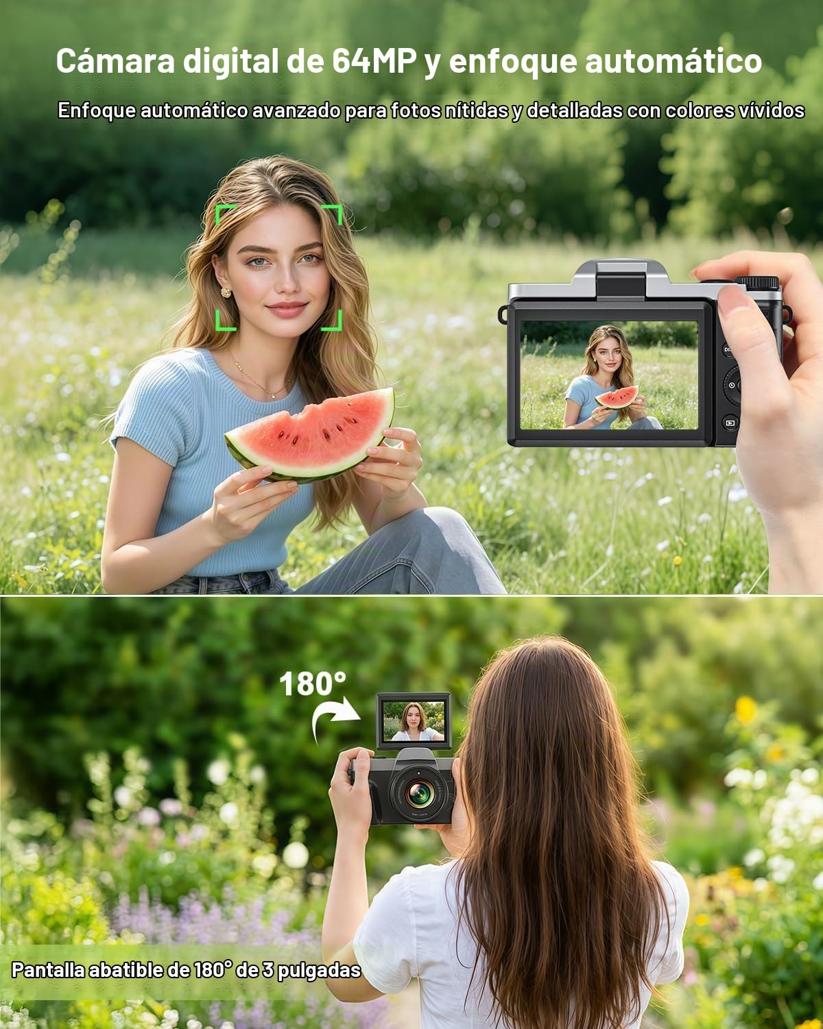 Cámara digital 4K con WiFi 64MP enfoque automático cámara de vlogging cámaras de viaje compactas para fotografía, pantalla abatible de 3 pulgadas 180°, zoom 16X, flash antivibración, tarjeta de 32 GB