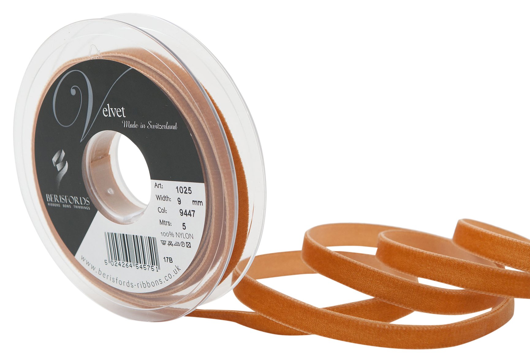 Berisfords Velvet Ribbon, Copper, 102 x 15 x 102 cm
