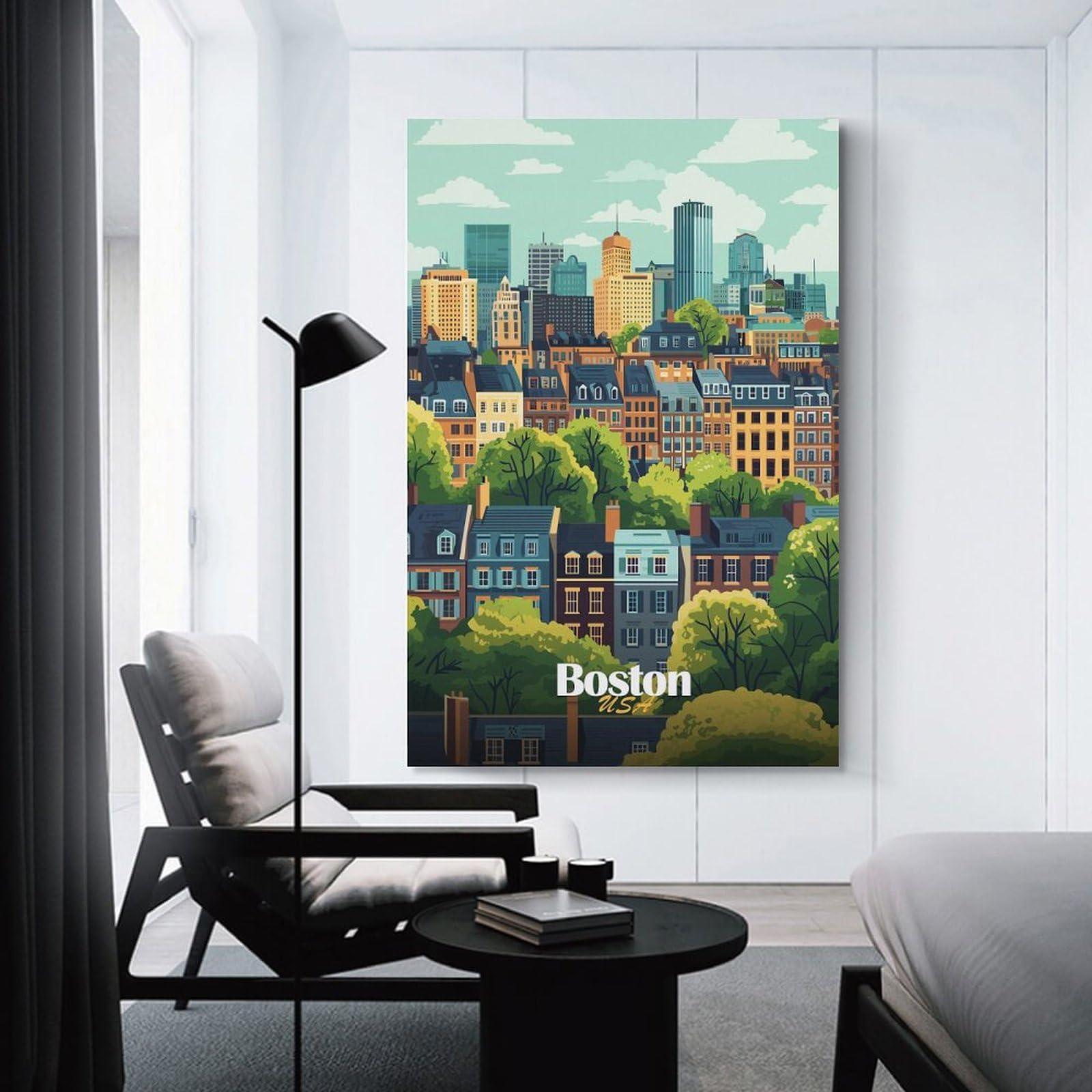 Junmoney Unframe-Style-25 Boston Skyline Illustration Home Decor Wall Art, 08X12inch(20X30cm), For Wall Displays, Bedrooms Or Room Updates, Ideal For Building A Coordinated Art Wall