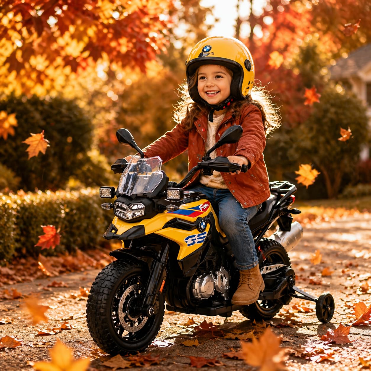 ATAA Elektrisches Motorrad für Kinder BMW GS F850, 12 V, Gelb, mit Rollen aus EVA und LED