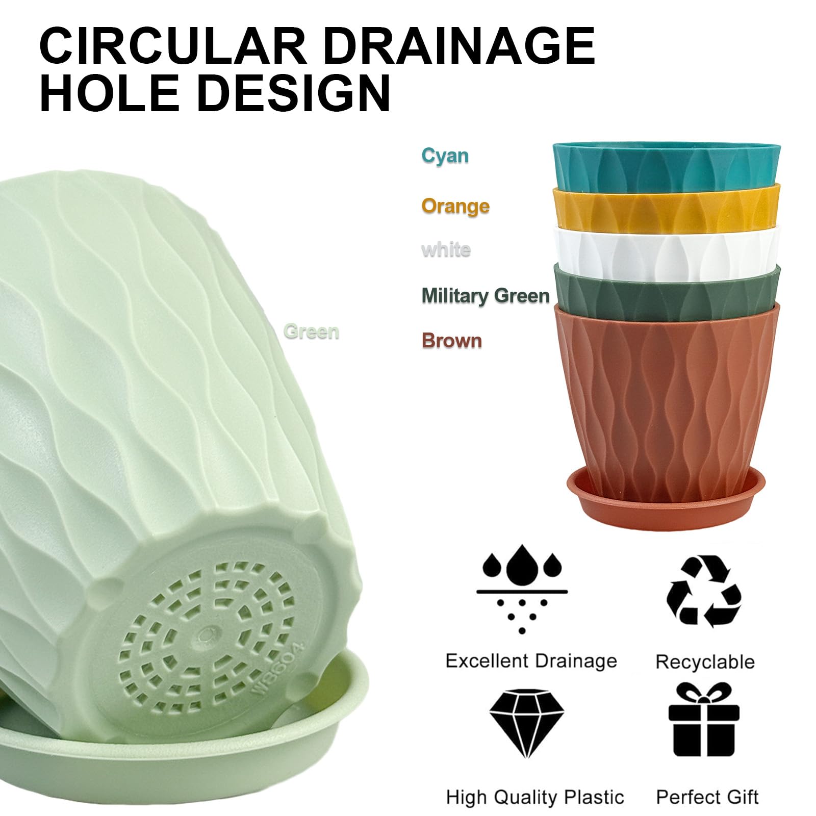 6 Pack Plastic Plant Pots 15cm/6-in Flower Pots with Drainage Holes and Tray Modern Decorative Planter Pot Indoor Outdoor Planters for All House Plants(6 Colour) - 5