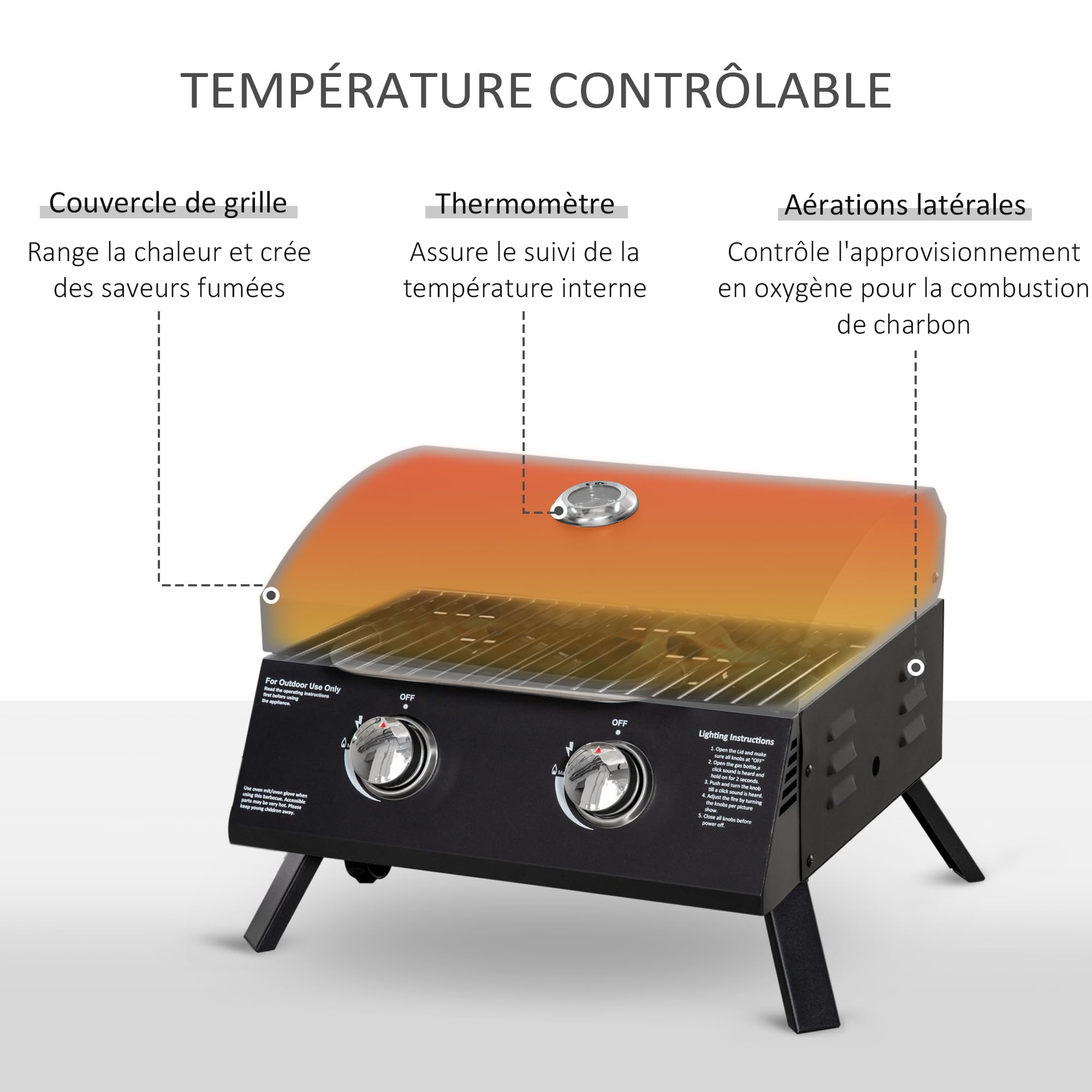 Przenośny grill gazowy składany nogi - 2 palniki 5 kW - grill gazowy kempingowy - ruszt do grillowania, pojemnik na tłuszcz, termometr - stal czarna