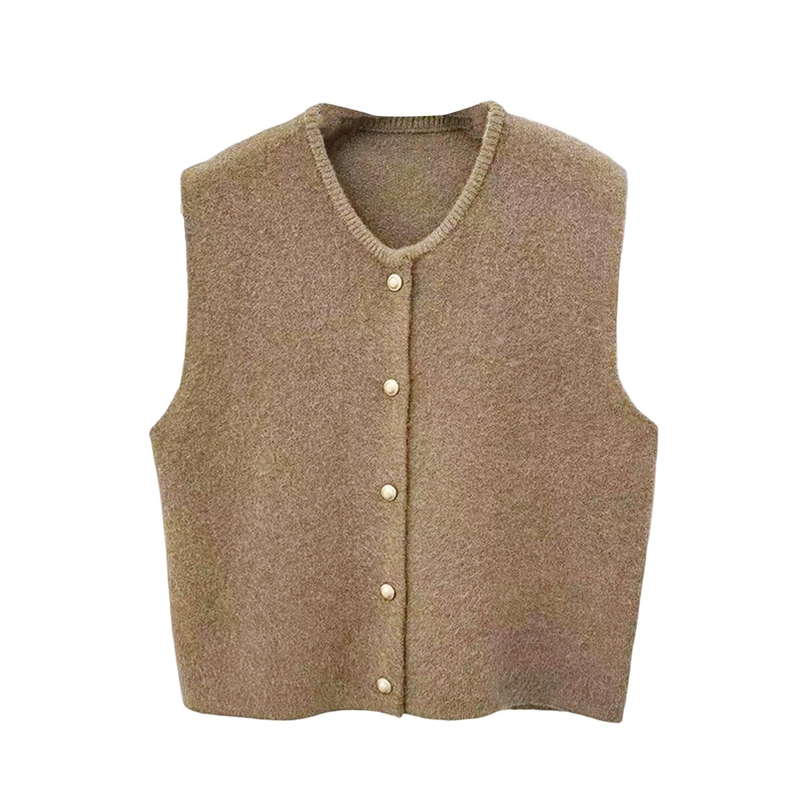 the style sutra Women Knit Cardigan Vest Button Waistcoat for Commuting Indoor Office Khaki-picture-45