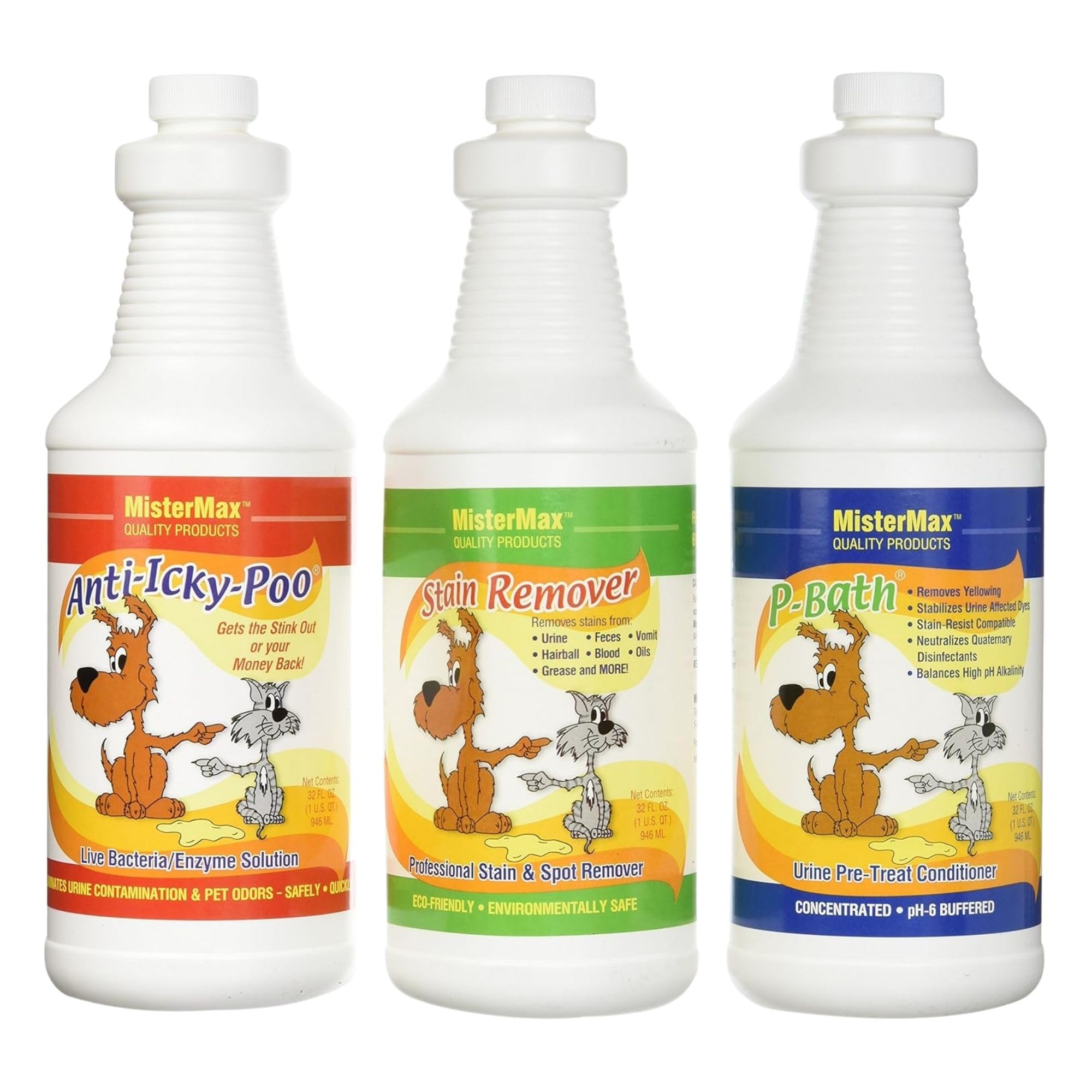Mister Max Anti Icky Poo Pet Enzyme Cleaner - Cat & Dog Urine Odor Remover, Stain Remover, & P-Bath Urine Pre-Treat Conditioner - Complete Spray Set