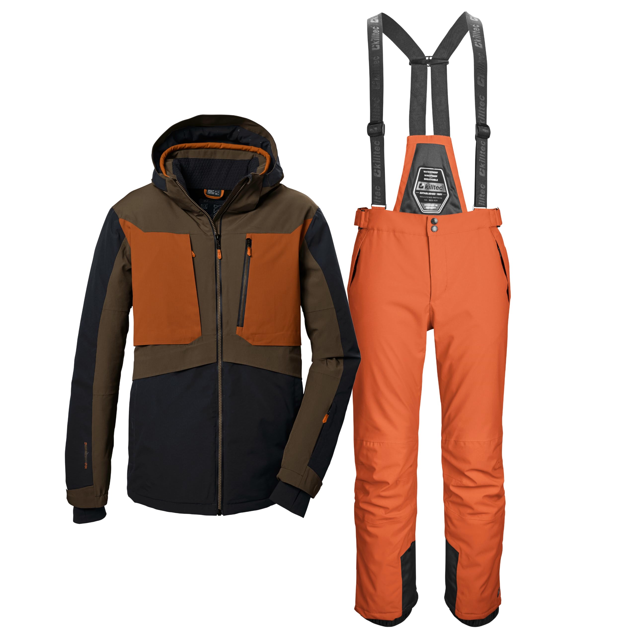 Killtec Herren Skianzug - mit 10.000 mm Wassersäule, PFC frei - Skijacke Schwarz Khaki - Skihose Orange