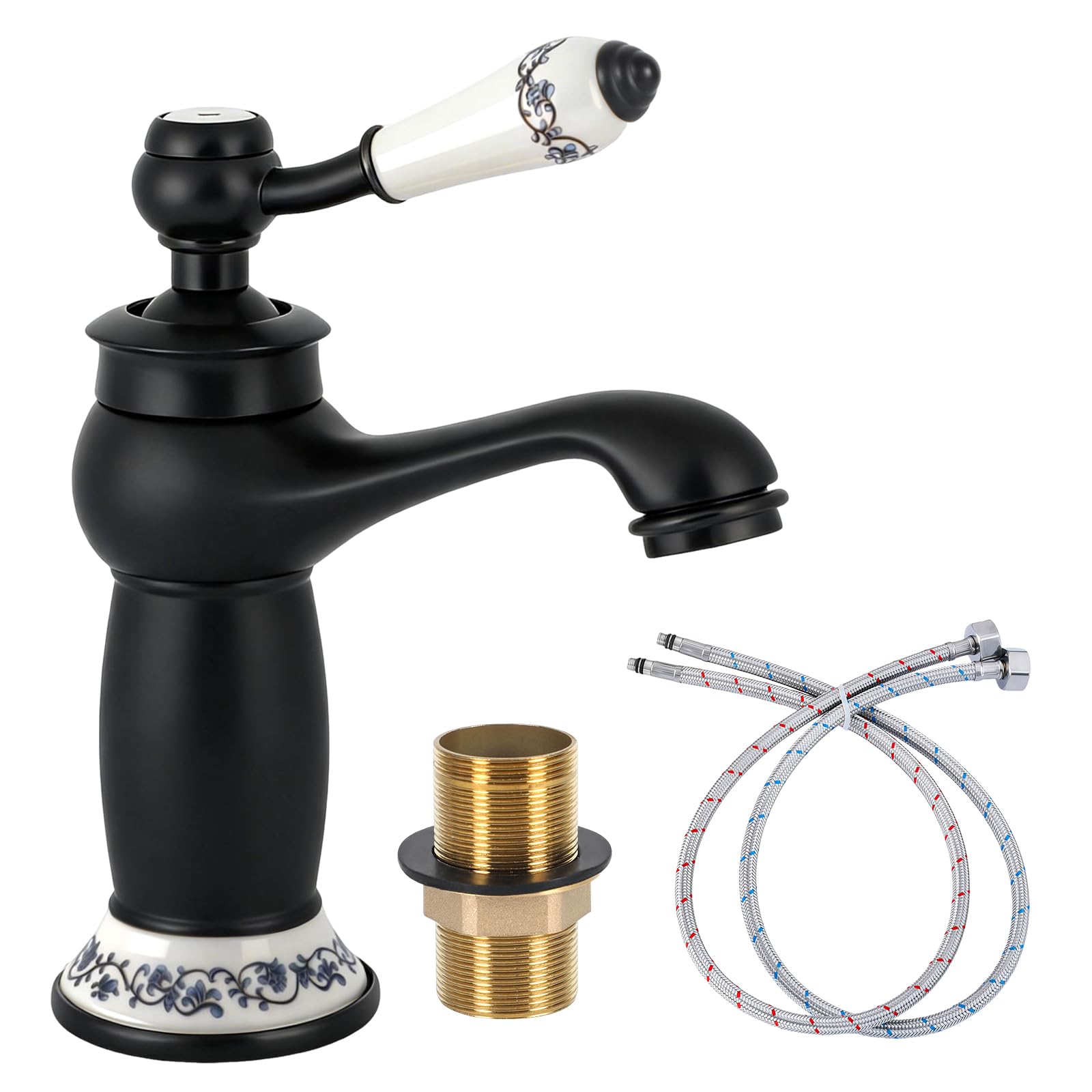Bathroom Basin Mixer Tap, Single Lever Mono Sink Tap with 2X 600mm Flexible Hoses, Retro European Floral Ceramic Handle Monobloc Mixer Taps Faucet with Hot & Cold Dual Controls (Black)