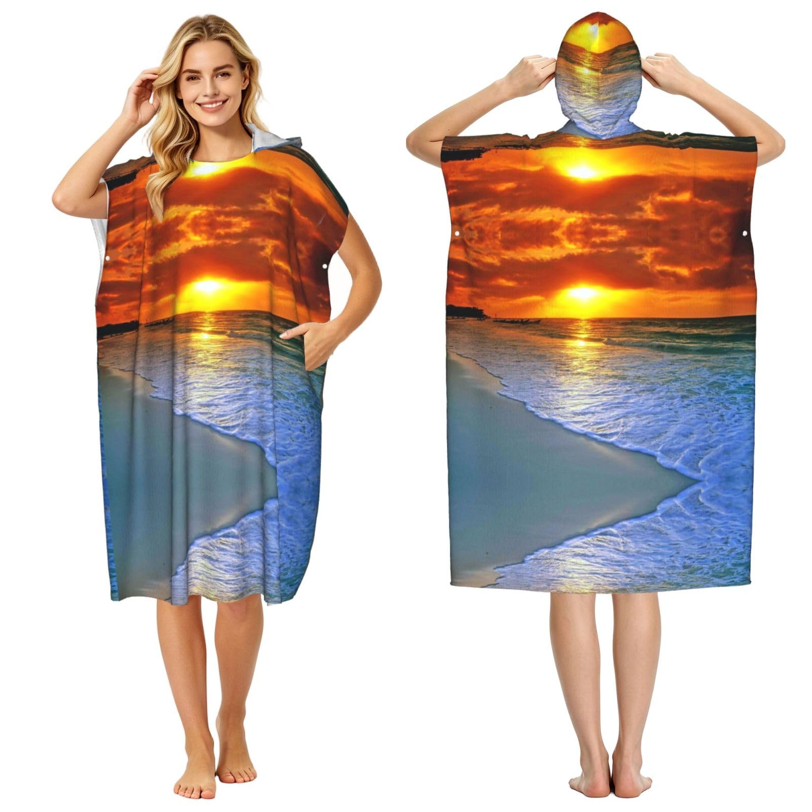 ESNAIUVCD Beach With Sunset Print Changing Robe, Hooded Towel Poncho For Swimming Pool, Beach,Quick Dry & Light Weight Towelling Poncho For Adults Women Men