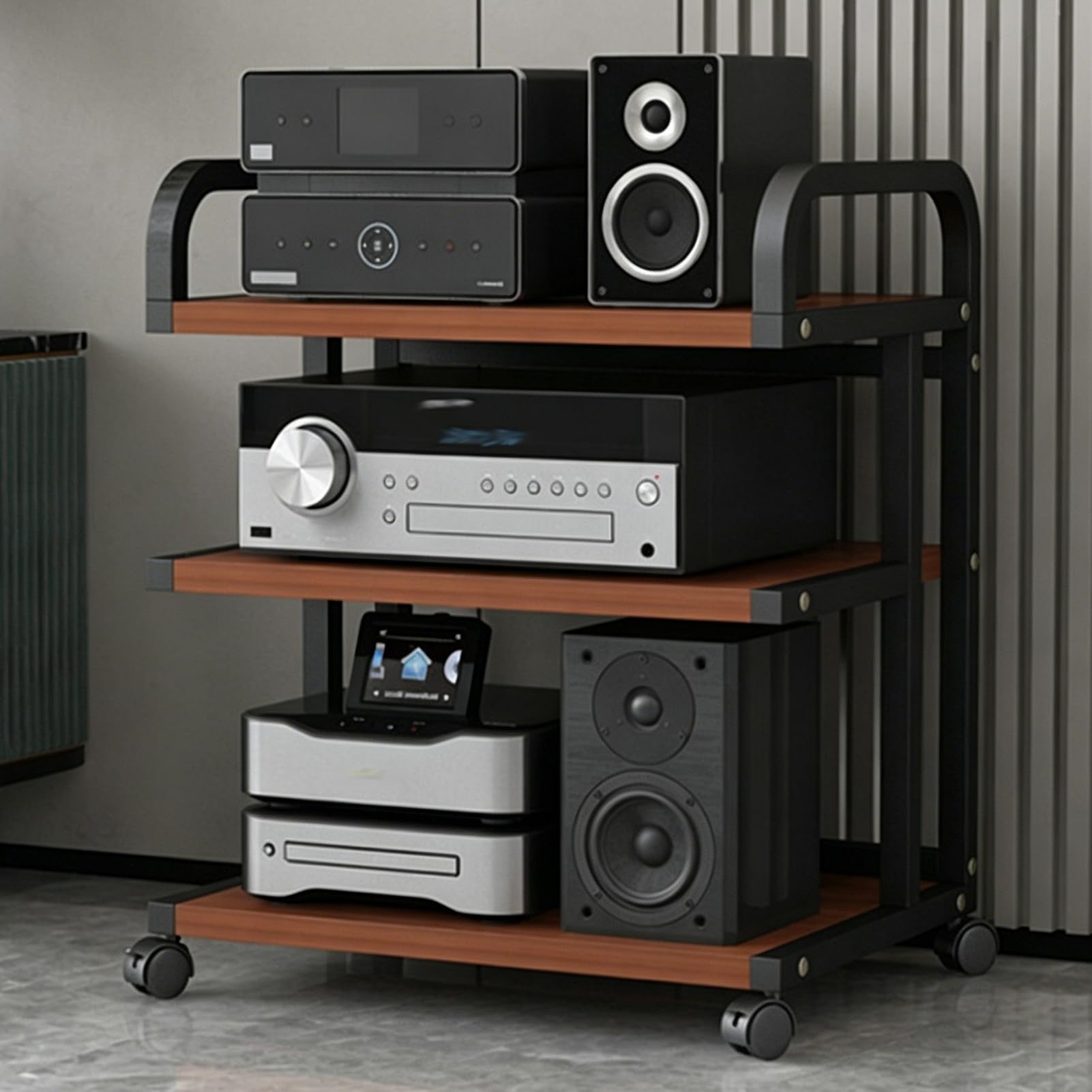 Nowoczesny Stojak Stereo z Kółkami Konstrukcja Stojaka na Media Audio Wideo na Media AV Wieża na Gramofon Drewniana Szafka Stereo Wieża(Brown,3 tier 65cm/25.5in)