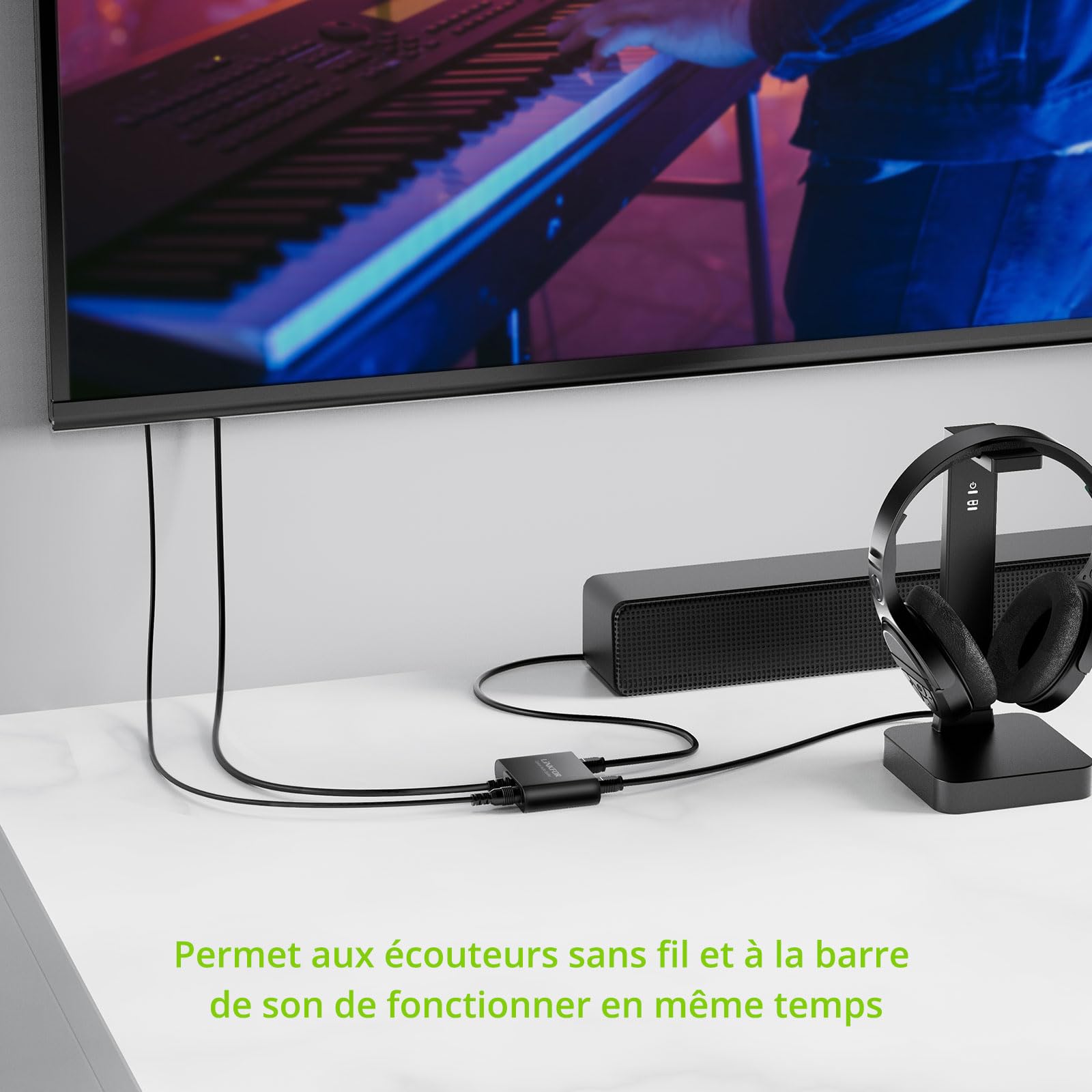 LiNKFOR Répartiteur Optique Toslink 1 Entrée 2 Sorties Câble Intégré 1m Actif avec Alimentation USB Chipset Stable Support LPCM/DTS/Dolby Digital Transmission 40m Pour Barre de Son et Casque Sans Fil