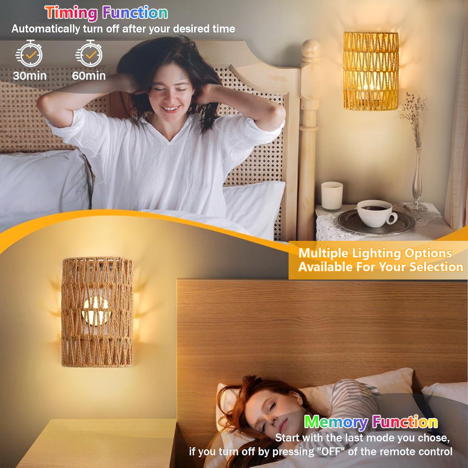 2 Stück Boho Rattan Wandlampe Innen Akku Wandleuchte Ohne Stromanschluss RGB Dimmbare Wandleuchten mit Fernbedienung Retro Nachttischlampe für Schlafzimmer Wohnzimmer Flur
