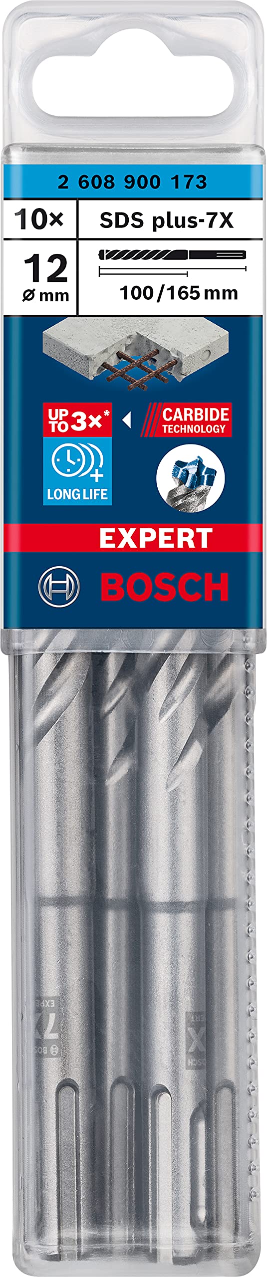 Bosch Professional 10x Brocas para martillo Expert SDS plus-7X (para Hormigón armado, Ø 12.00 x 165 mm, accesorios Martillo perforador rotativo)
