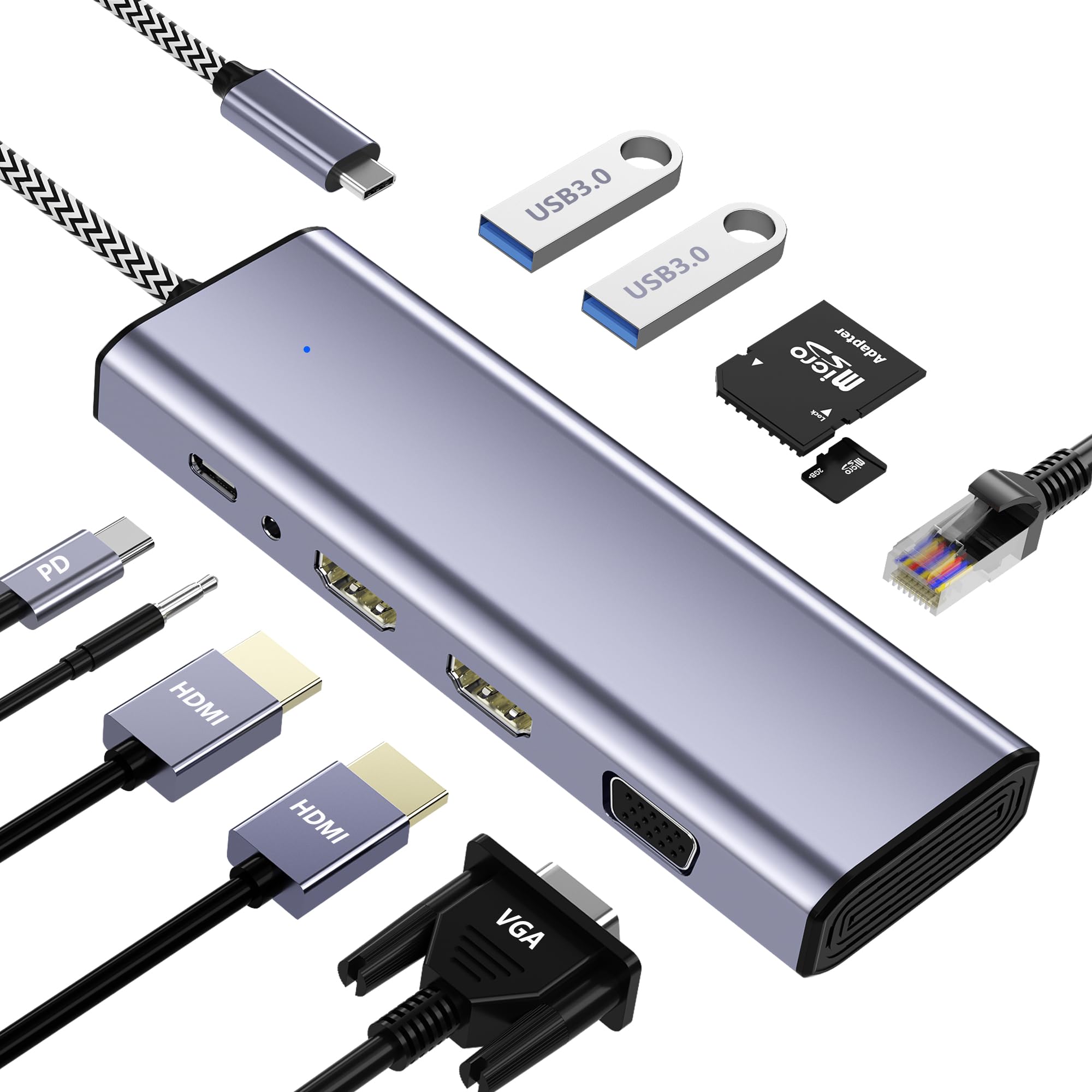 Docking Station Dual Monitor, USB C a Dual HDMI, USB C 10 in 1 Docking Station 3 Monitor con HDMI/VGA/PD/Ethernet/USB/SD/TF/3.5mm Audio