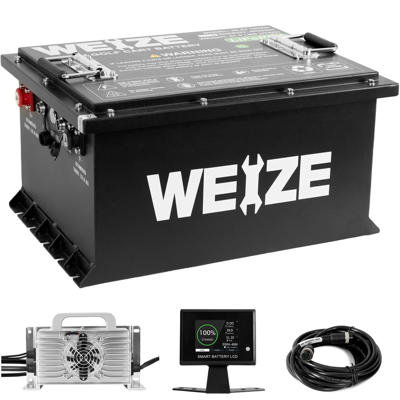 WEIZE 36V 105Ah Golf Cart Bluetooth Lithium Battery, Grade A Cells, Built-in 200A BMS, with Touch Monitor & 25A Lithium Charger, 600A Peak Discharge 7.68kW Power Output LiFePO4 Battery for Golf Carts