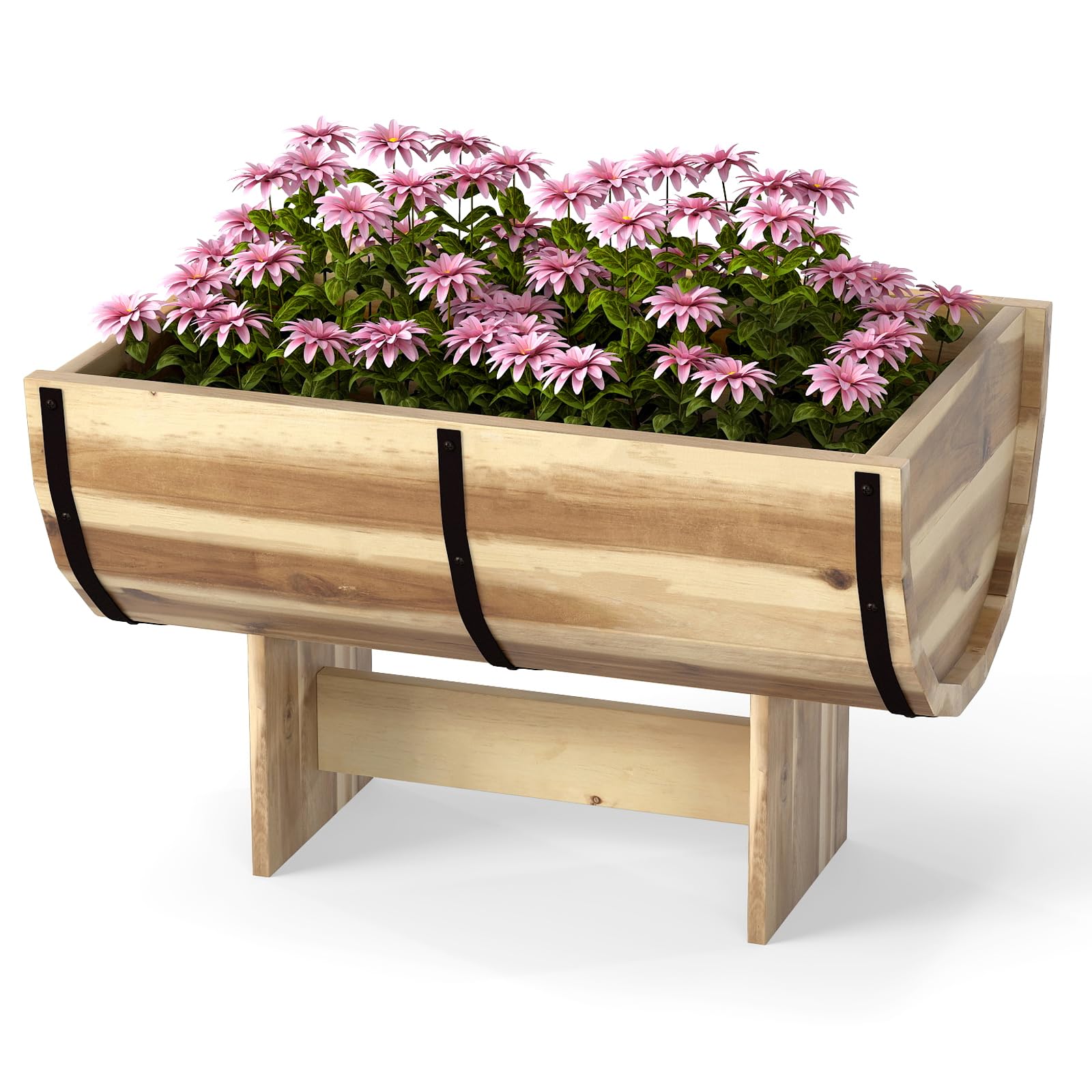 Giantex Half Barrel Raised Garden Bed, Acacia Wood Planter Box for Flower Vegetable Fruit, Outdoor Indoor Plant Pot with Legs for Garden Decoration, 18