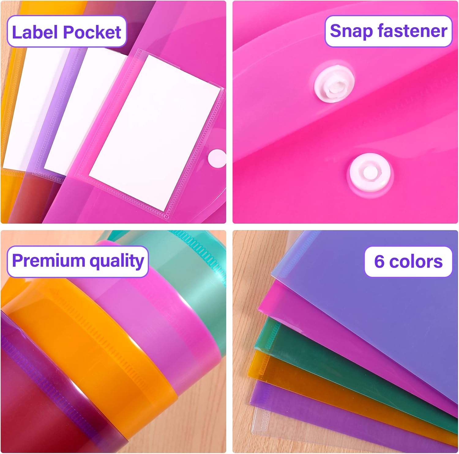 Vobou 12 Pack Plastic Poly Filing Envelopes, Clear Document Folders Letter A4 Size File Envelopes with Label and Pocket Paste Button for School Home Work Office Organization, 6 Assorted Color : Office Products
