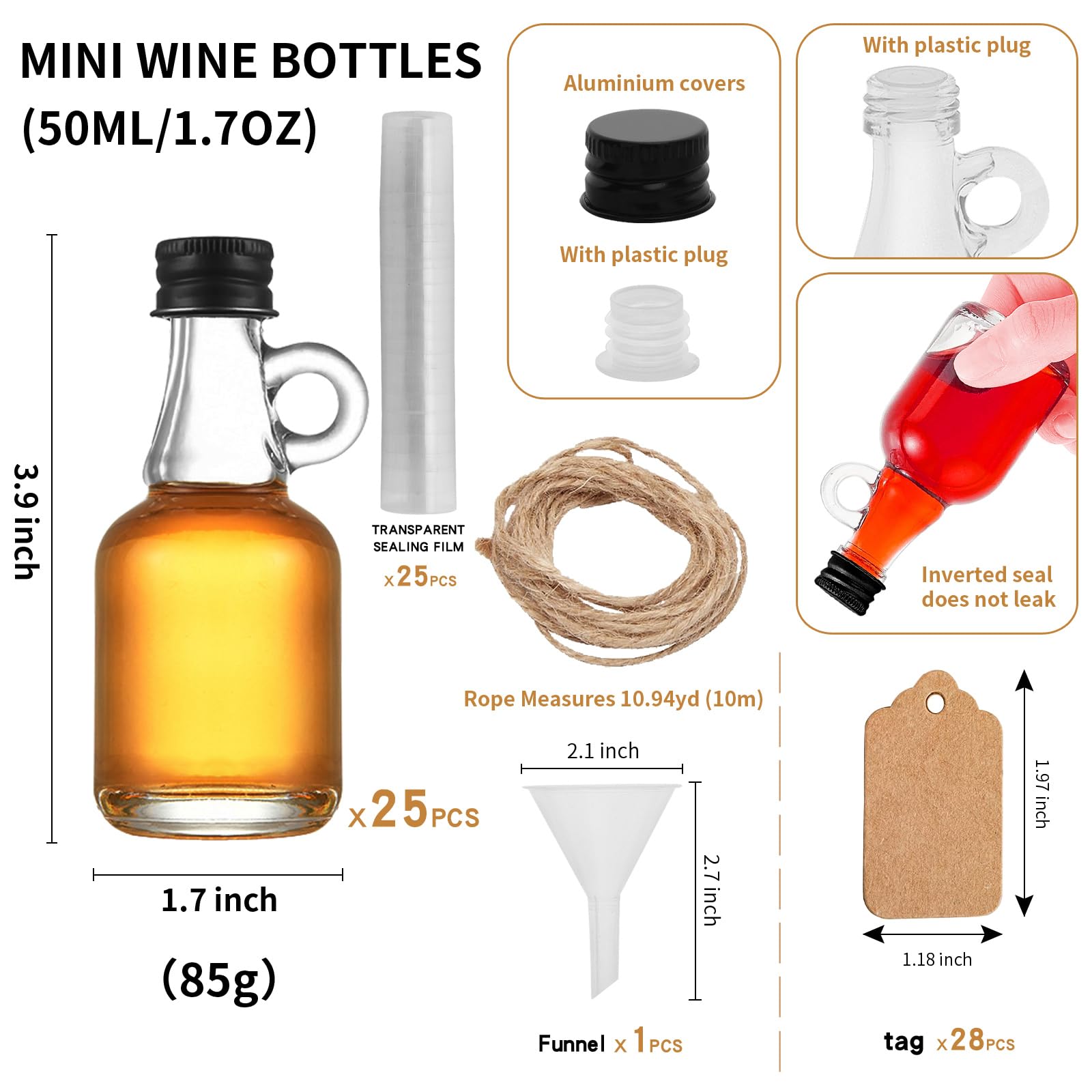 eispap 25 Pcs 1.7 OZ Single ear Mini Glass Liquor Bottles with Lids Small Glass Wine Bottles Reusable Empty Alcohol Bottles with Aluminum Black Screw Cap