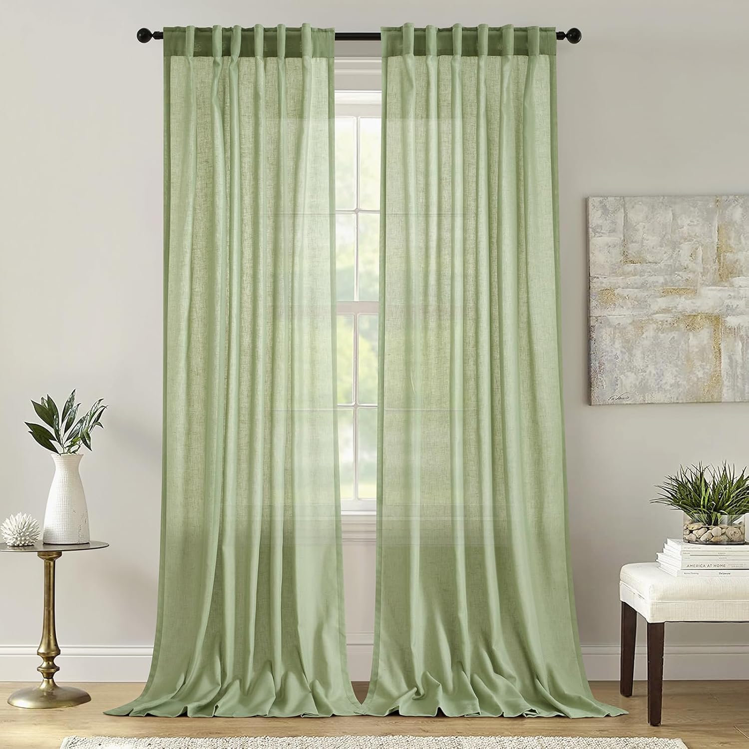 Dreaming Casa Linen Blend Semi Sheer Curtains 96 inches Long, Sage Green, Light Filtering Curtains Sheer Rod Pocket & Back Tab, Soft Window Privacy Drapes Living Room Bedroom, 2 Panels, Each W52 x L96 52"W x 96"L (Pack of 2) Sage Green