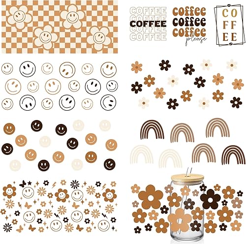 Calcomanías de transferencia de vidrio retro Groovy Boho Frote en transferencias de flores, arco iris, impermeables, calcomanías de taza de