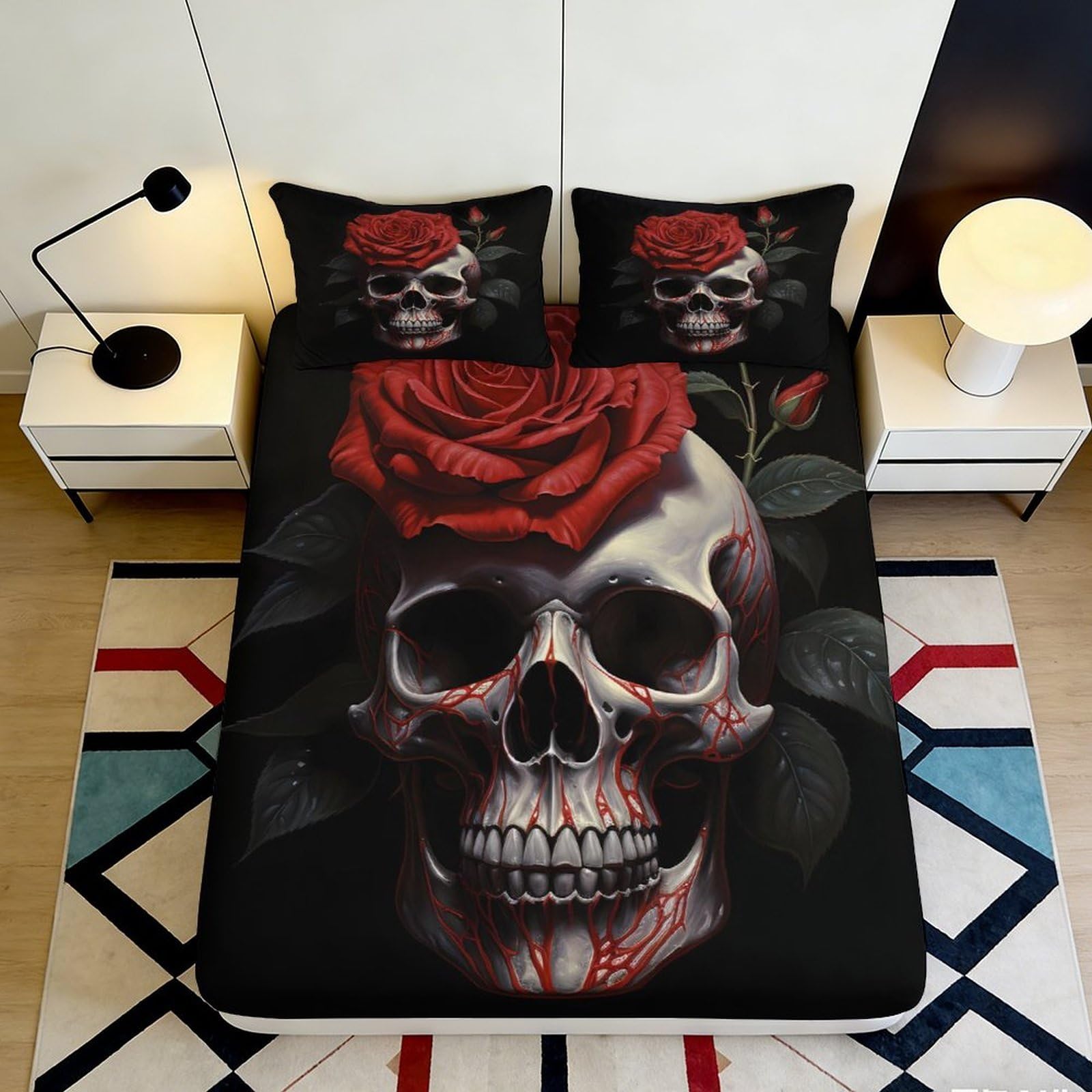 Qjzxknhpgr Style-9 3D Printed Skull With Rose Fitted Sheet Microfiber Soft Black Gothic Bed Sheet For Bedroom Guest Room Decor 90X200x25cm