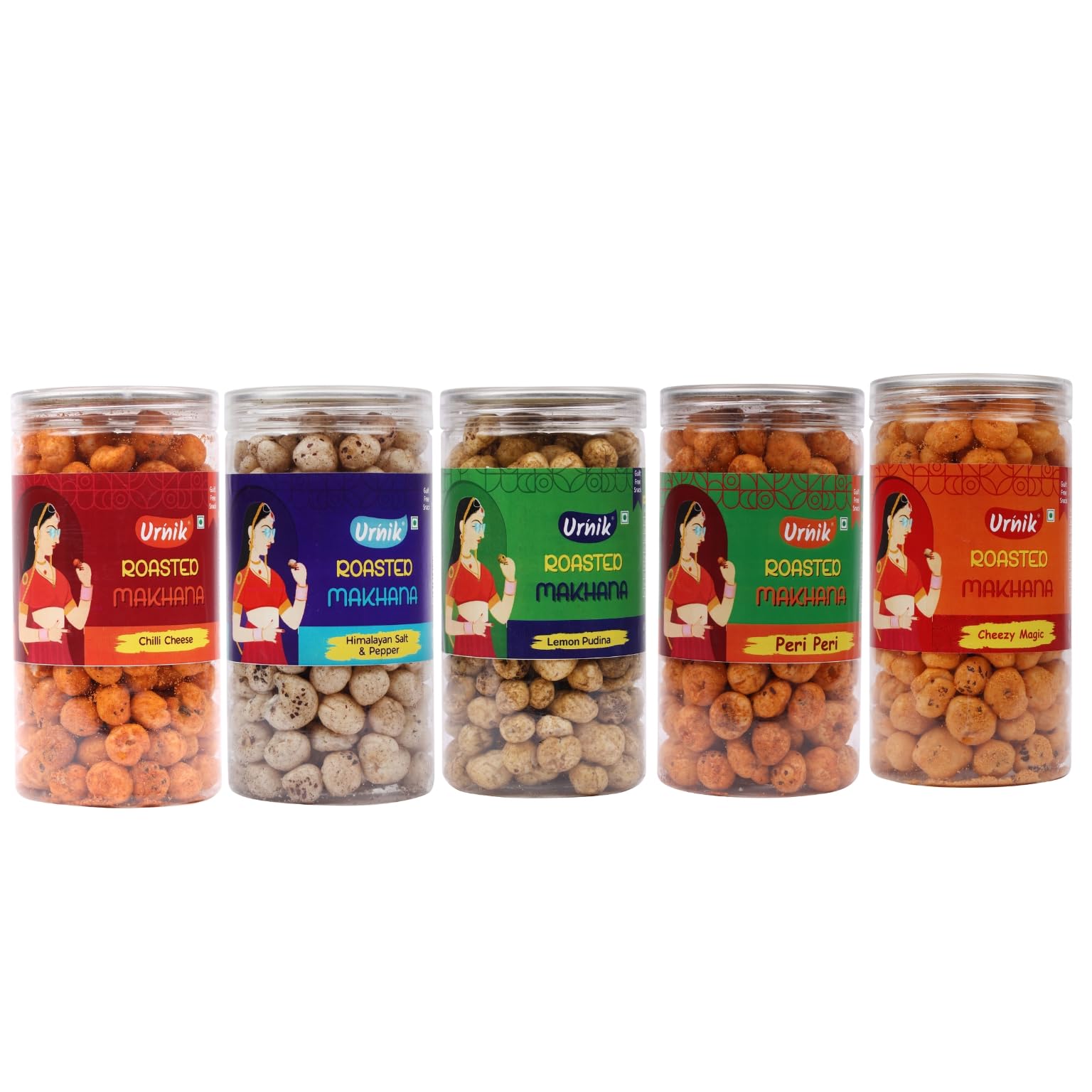 Urnik Roasted and Flavoured Makhana Chilli Cheese, Cheezy Magic, Lemon Pudina, Salt & Pepper, Peri Peri Assorted Healthy Snacks|Gluten-Free|High Protein - 80G (Pack of 5)-image-49