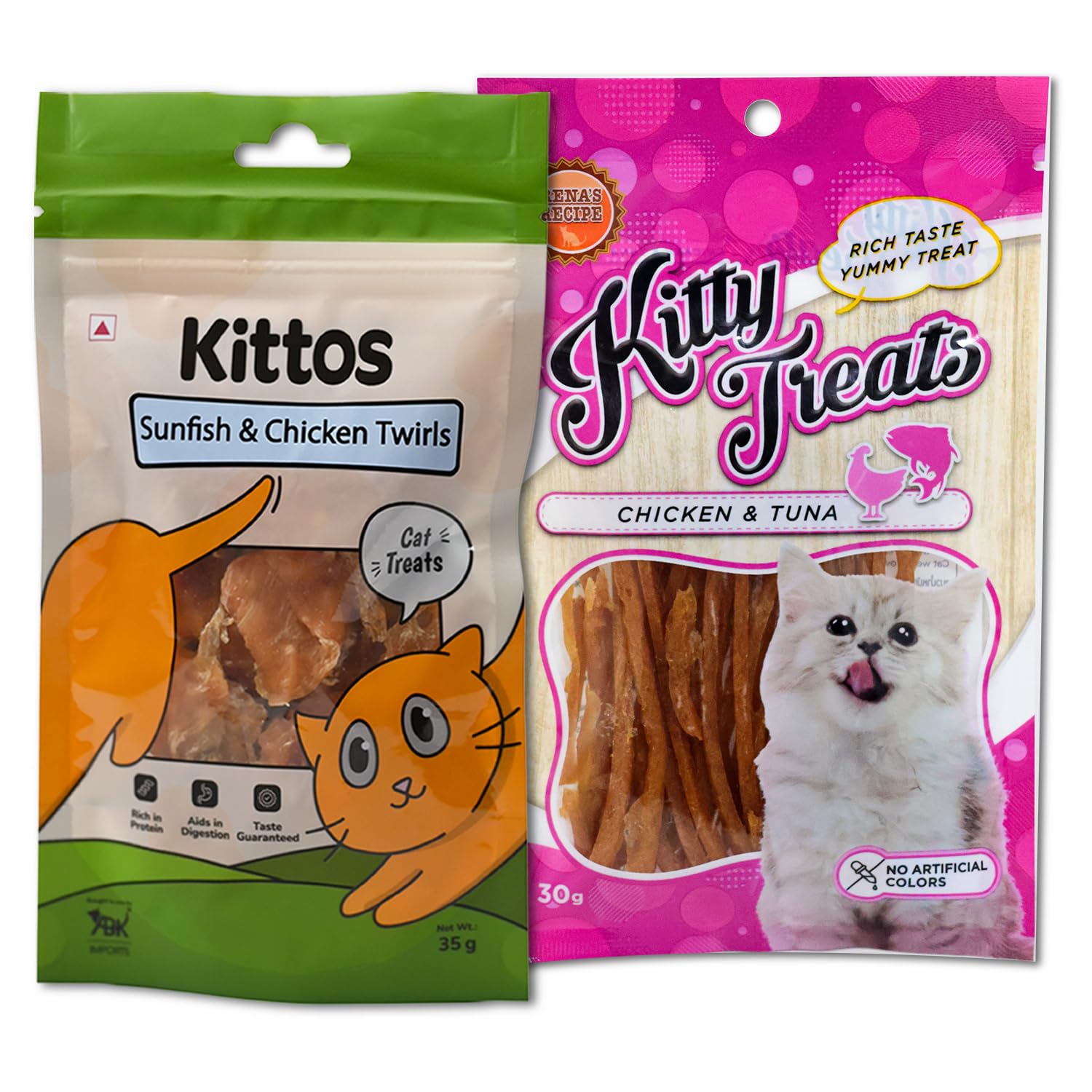 Cat Snacks Combo – Kittos Protein-Rich Sunfish & Chicken Twirls (35g) + Cataholic Kitty Treats Soft Chicken & Tuna Sticks (30g) for Training & Rewards – All Breeds