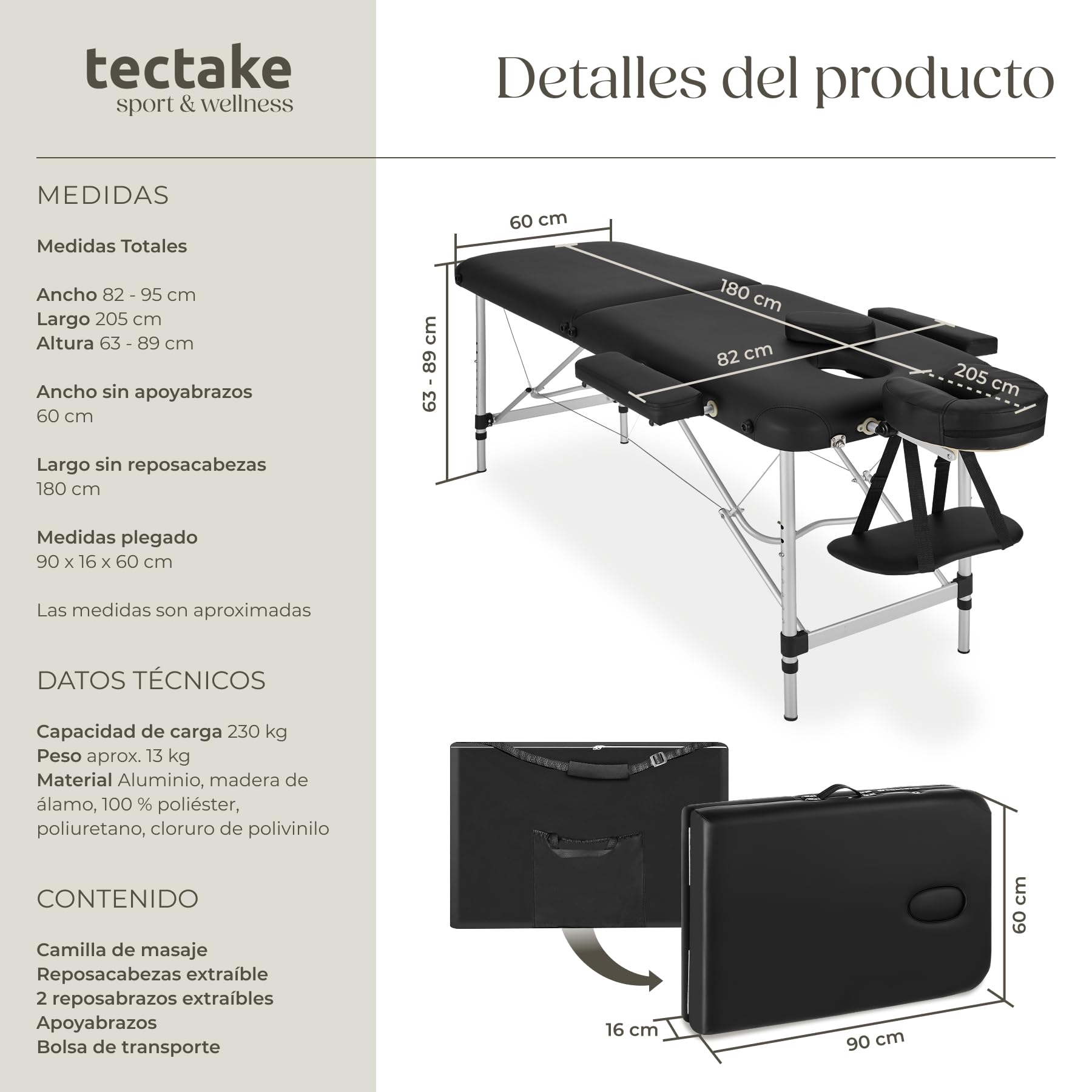 tectake® Camilla Masaje Plegable, Camilla Profesional Fisioterapia, Quiromasaje, Tatuajes, Reiki, Camilla Estética Profesional de Aluminio, Ajustable en Altura, 2 Zonas, con Bolsa Transporte - Negro