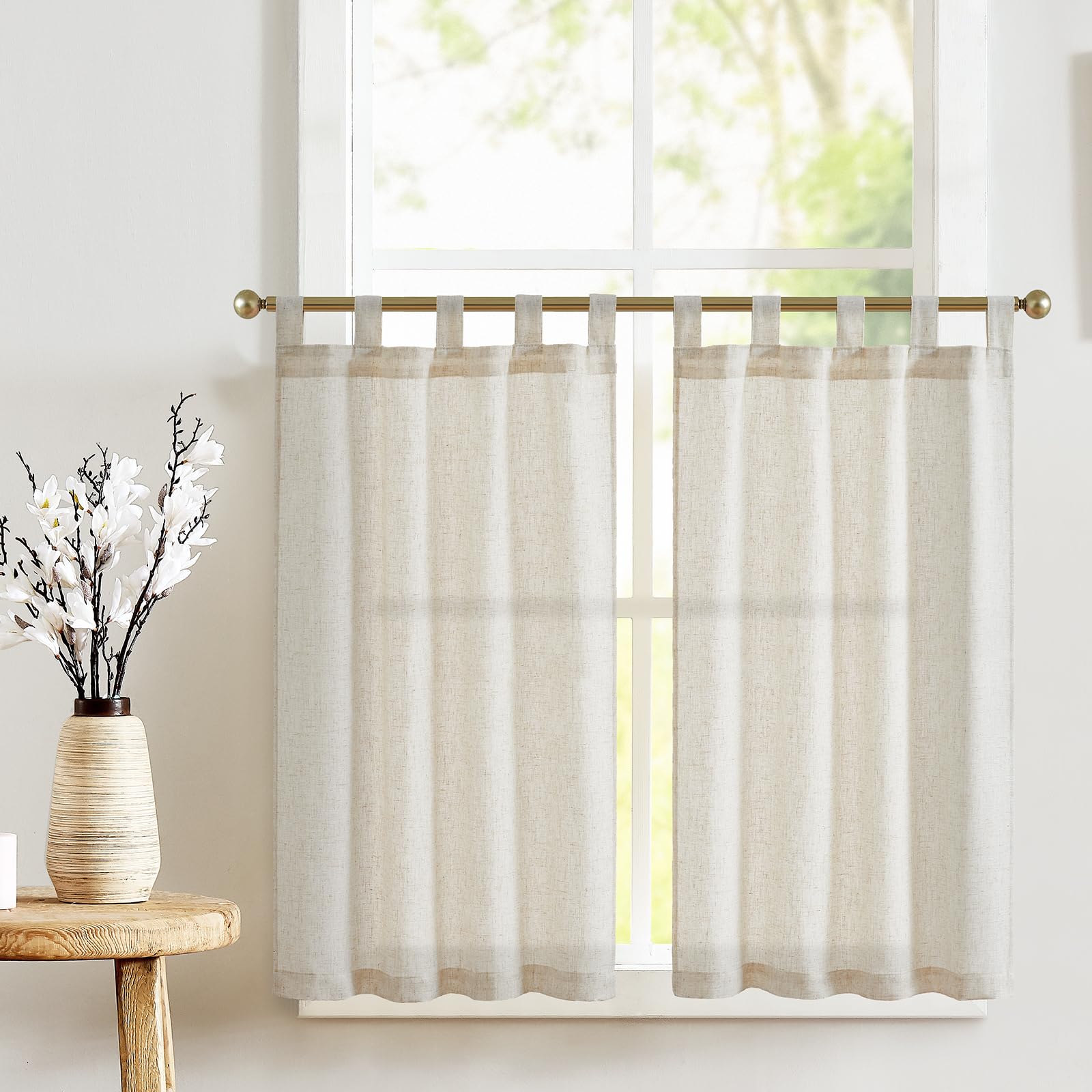 TOPICK 2er Set H 115 x B 65 (cm) Scheibengardinen Küche Beige Leinen Bistrogardine mit Schlaufen Küchengardinen für Balkontür Wohnwagen Landhausstil Bauernhaus Gardinen Kurz Halbtransparente