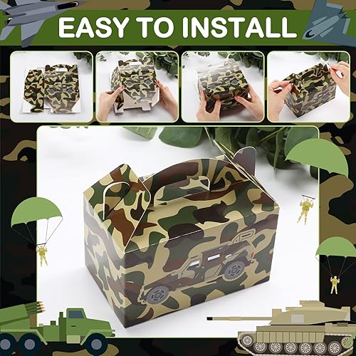 Miniatura 7 de 24 cajas de regalo de camuflaje para fiestas, cajas de camuflaje de papel de camuflaje con asa, suministros de fiesta de cumpleaños de camuflaje