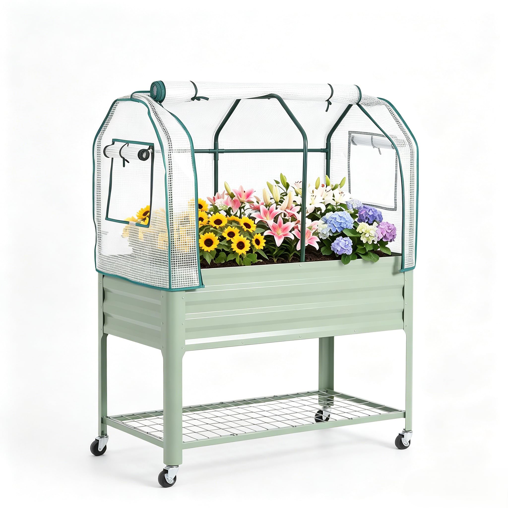 Photo 1 of ***PRODUCT SIMILAR TO****Raised Garden Bed with Cover, Galvanized Metal Elevated Planter Box with Rolling Casters & Extra Bottom Shelf, Raised Planter Box for Backyard, Patio, Balcony, 48x24x56 in, Green
